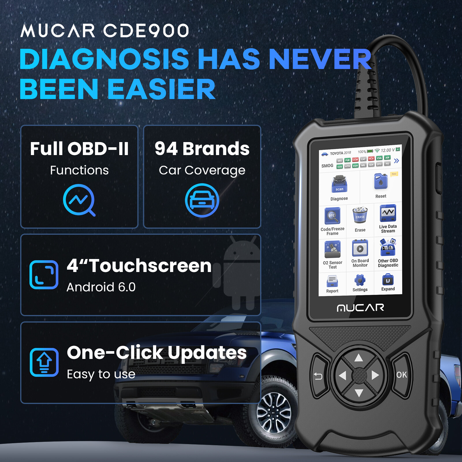 2024 MUCAR CDE900 Car Diagnostic Scanner OBD2 Code Reader Check Engine ABS SRS