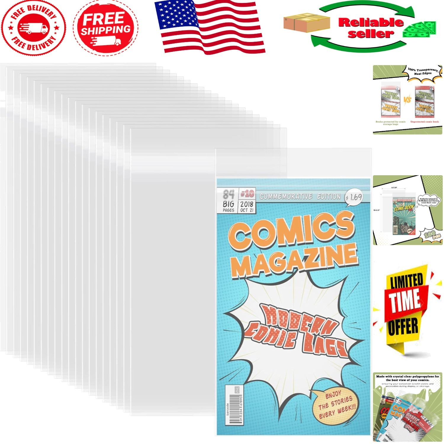 Acid-Free Crystal Clear Comic Bags 100 Pcs, 6 7/8 x 10 1/2 for Modern Comics