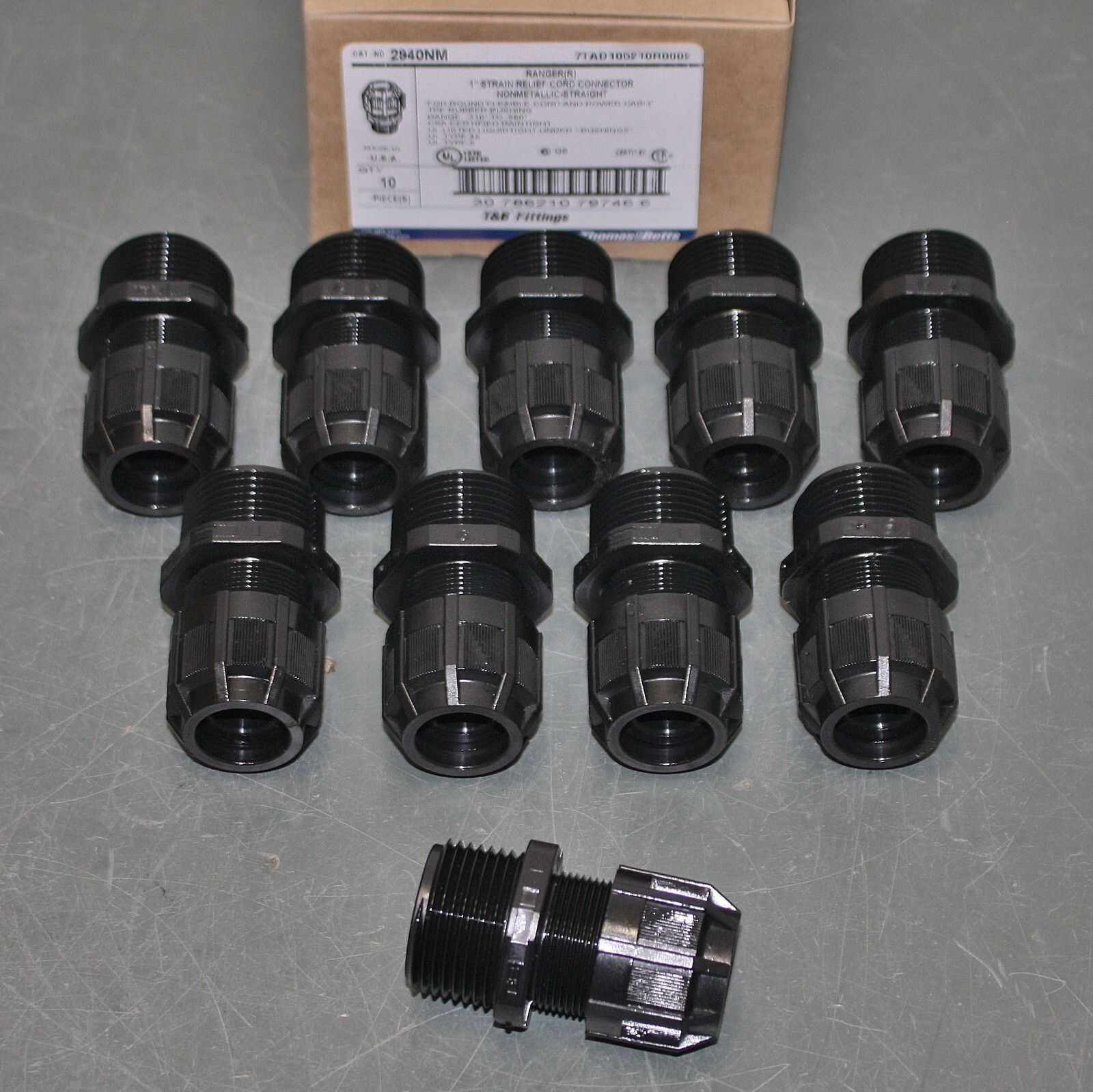 (10) Thomas & Betts Cord Strain Relief Connector 2940NM, 1" NPT, Liquid Tight