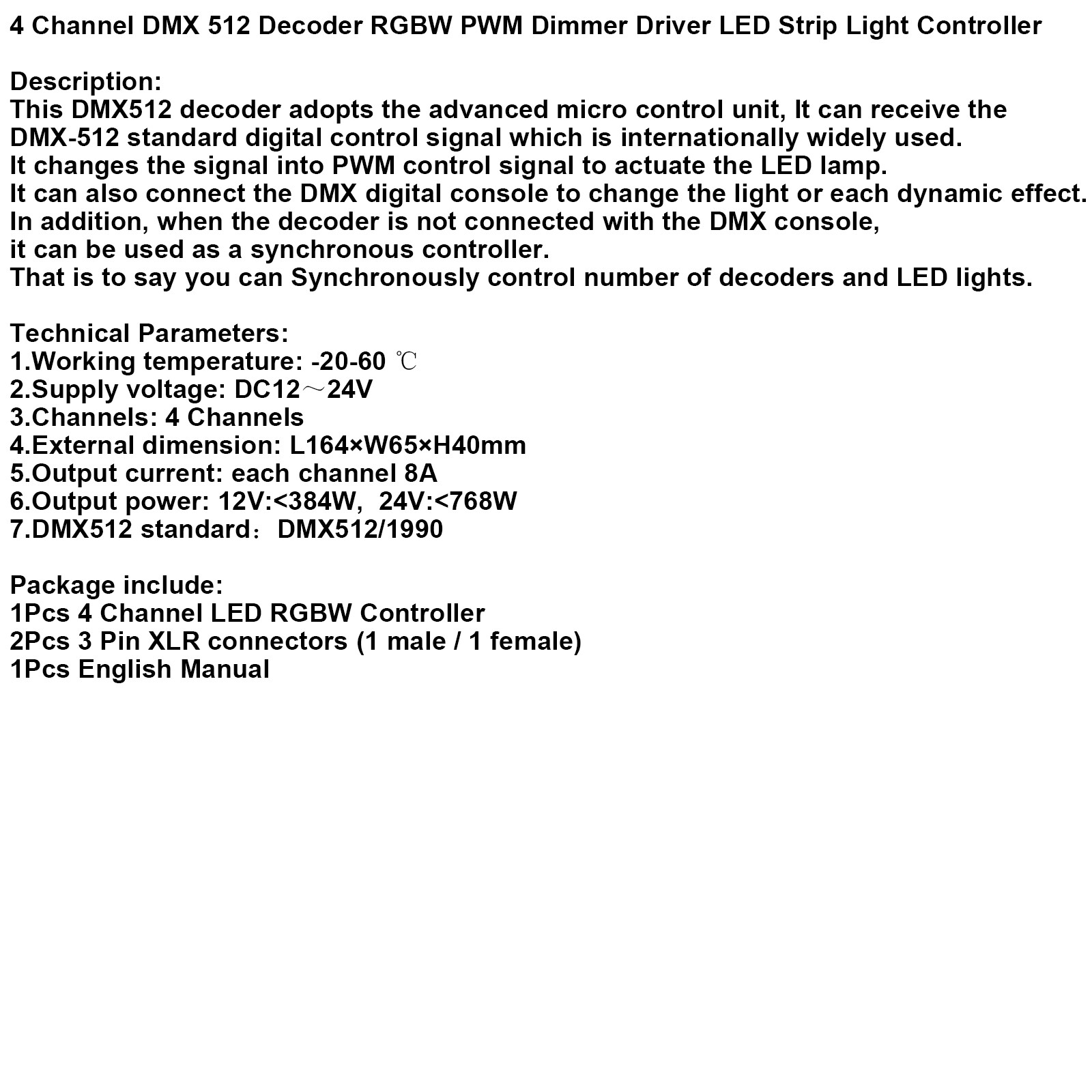 4 Channel DMX 512 Decoder RGBW PWM Dimmer Driver LED Strip Light Controller A B9