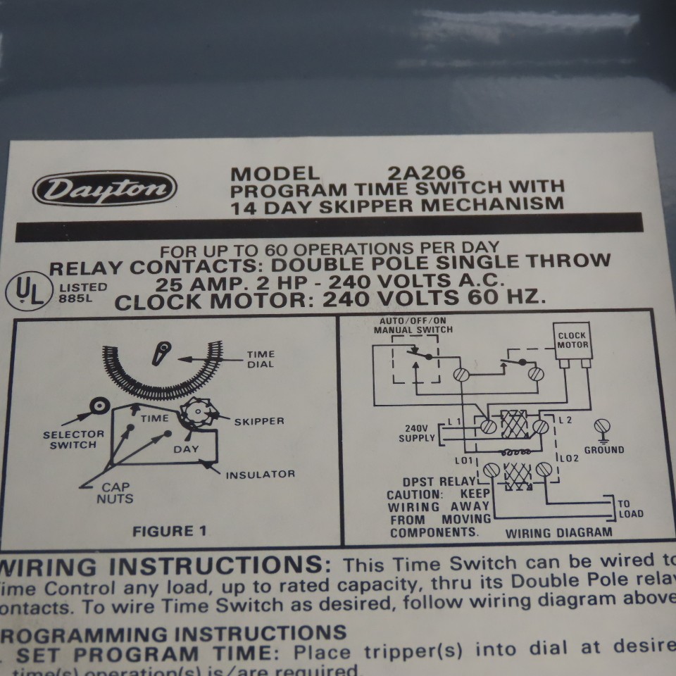 Dayton 2A206 Program Timer Switch Relay W/14 Day Skipper Mechanism 240V 25A 2HP