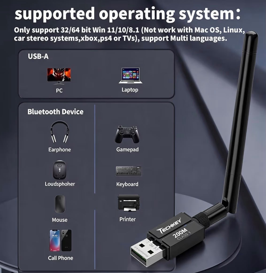 Techkey USB Bluetooth 6.0 Adapter 600FT Long Range 5dBi Antenna PC