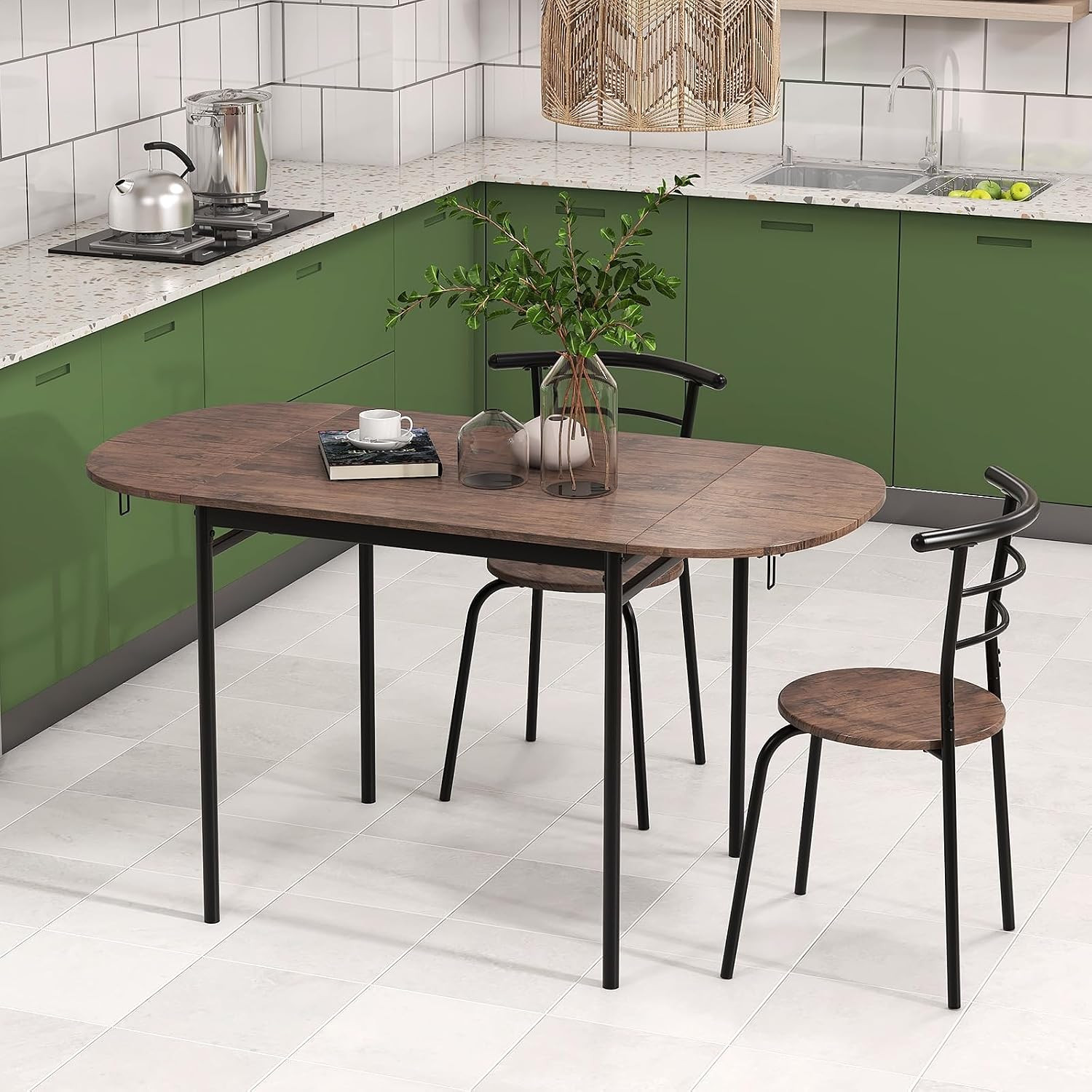 3-Piece Dining Table Set for 2, 55-Inches Drop Leaf Kitchen Table with Dining Ch