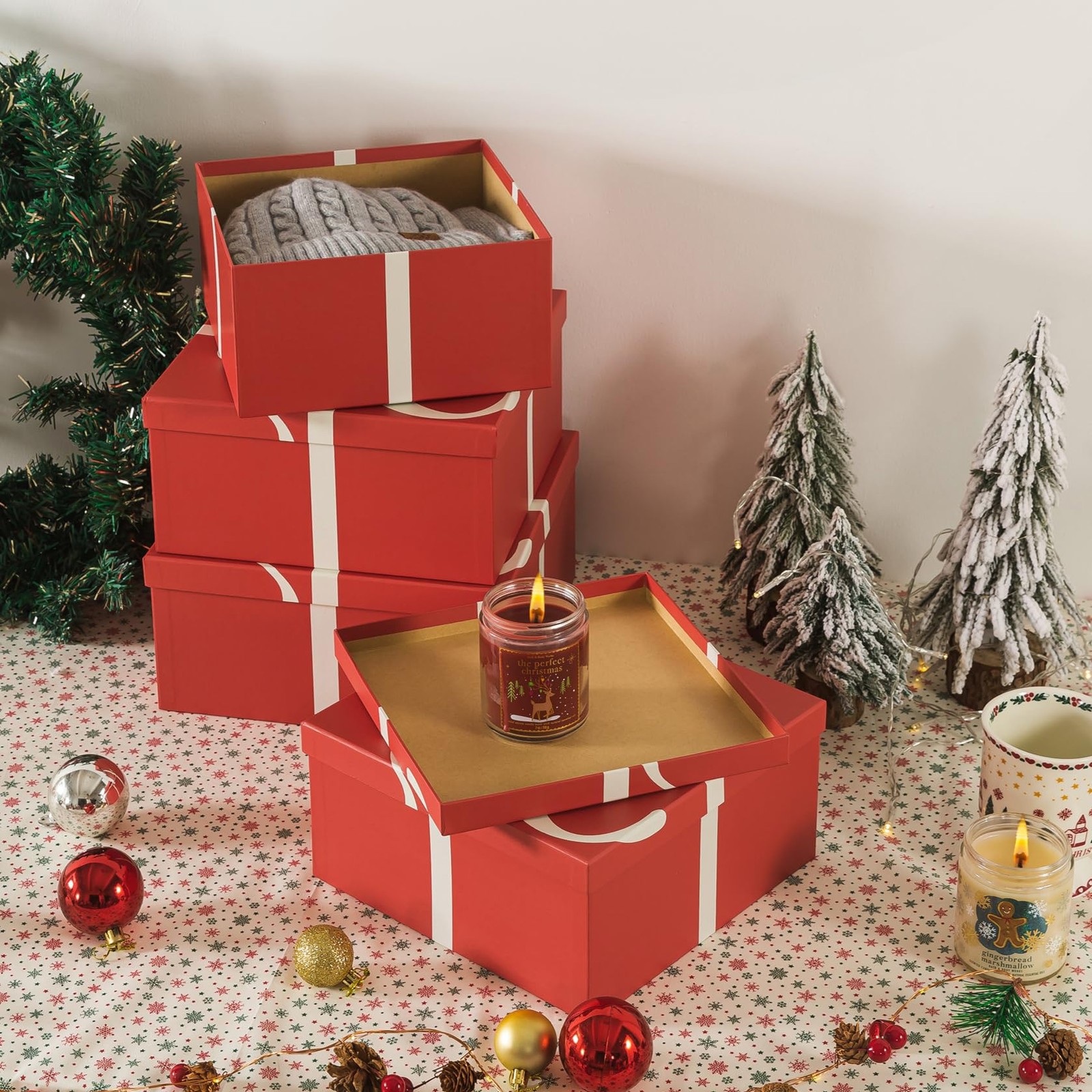 4 PCS Christmas Square Decorative Boxes Lids Set Festive Red Reusable Nesting