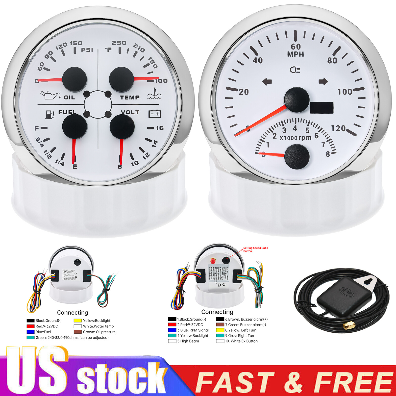 85mm Boat GPS Speedometer 120MPH W/Tacho&85mm 4 In 1 Fuel/Oil/Temp/Volt Gauge