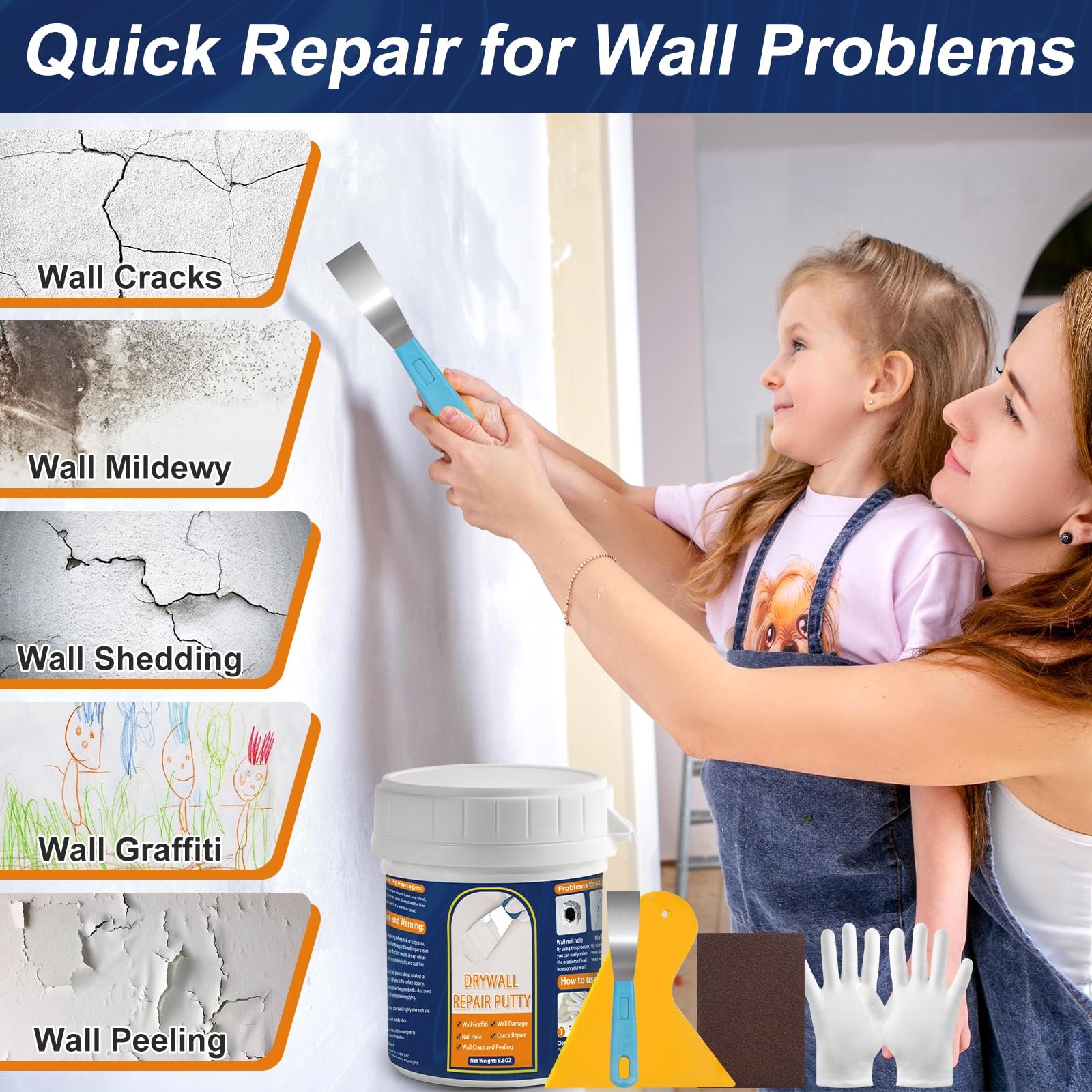 Drywall Repair Kit 8.8OZ Spackle Wall Repair Kit with Scraper Sanding Pad to Qui