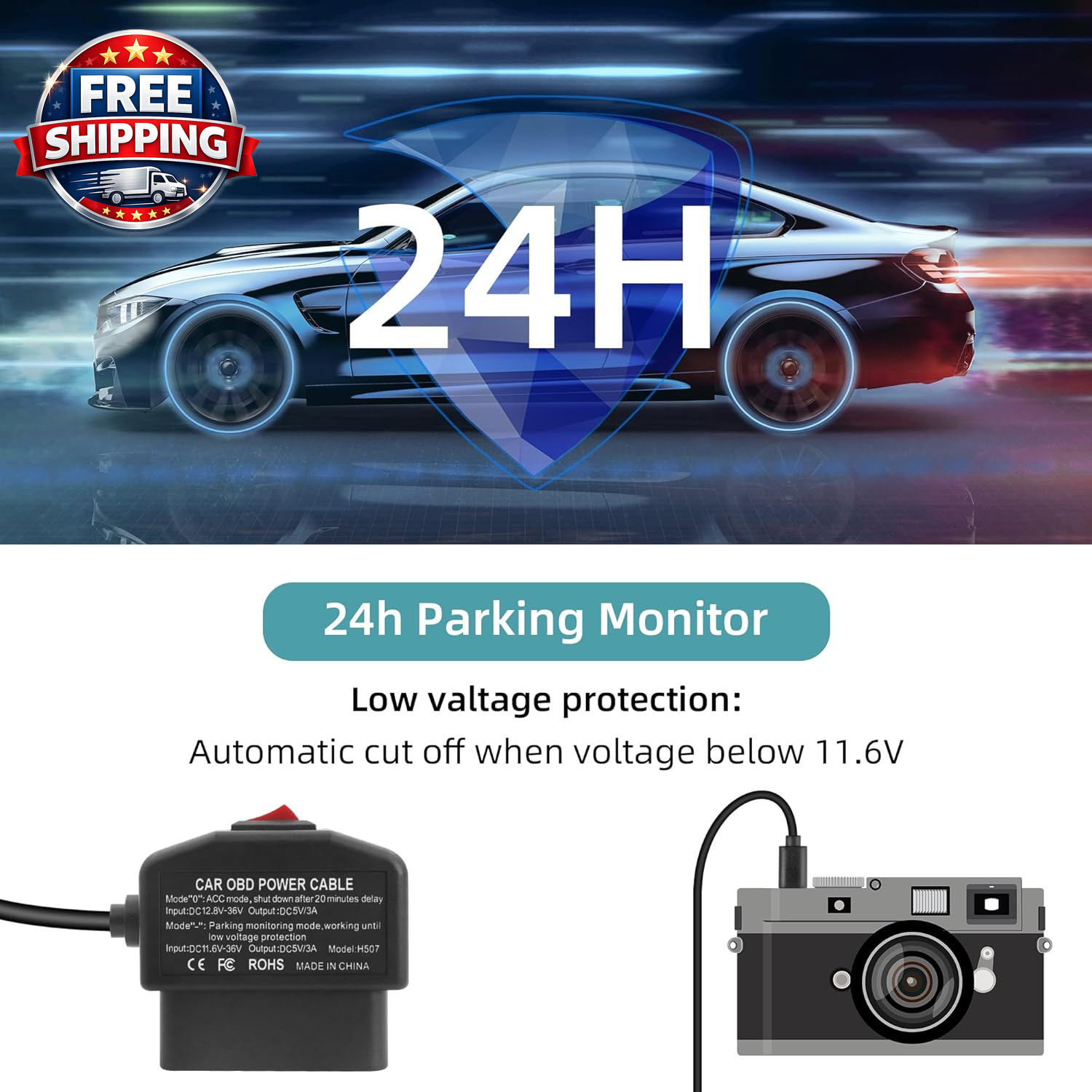 OBD Power Cable for Dash Camera, USB C OBD2 Dash Cam Power Cable with Switch But