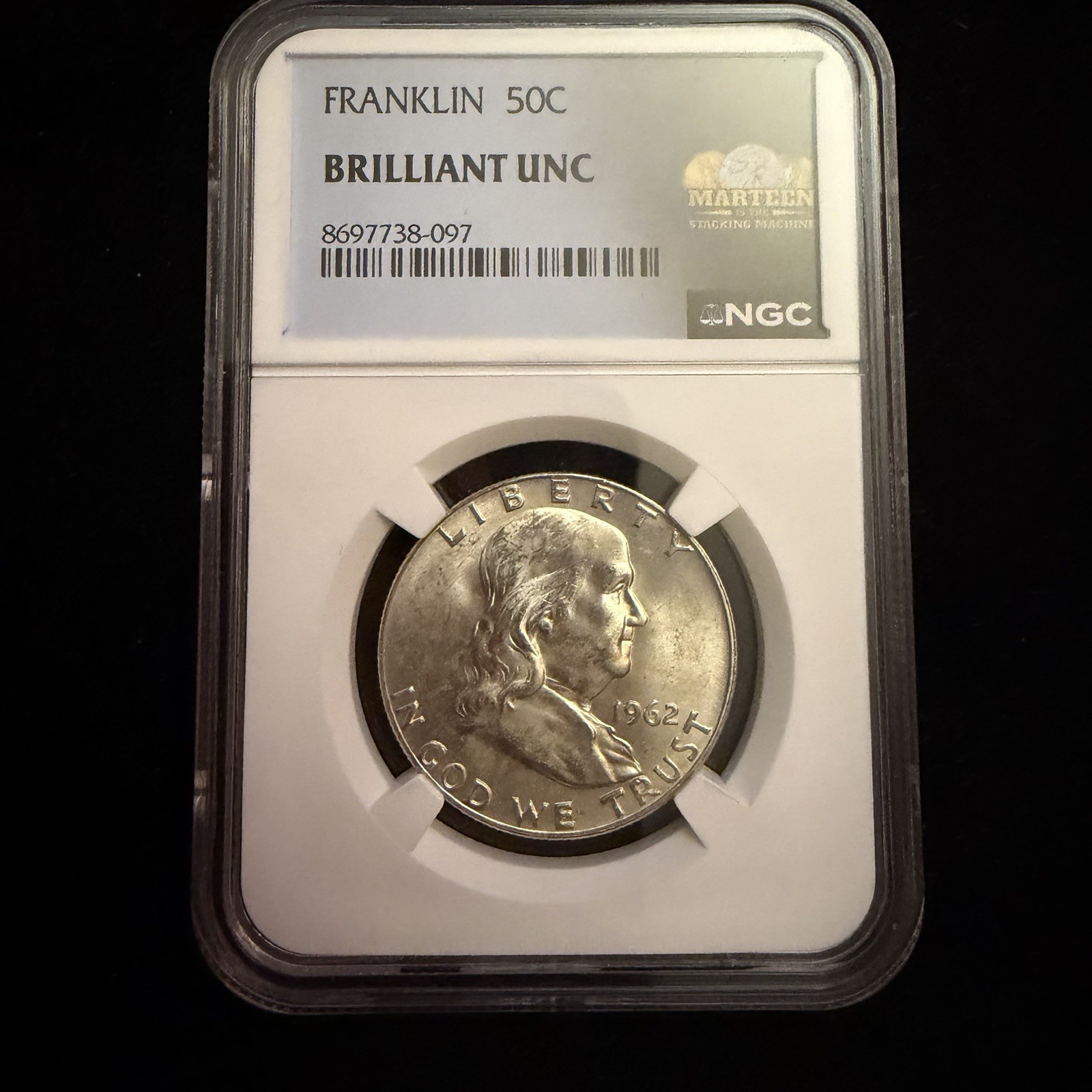 1962-D 50C Franklin Half Dollar NGC Brilliant UNC Marteen Stacking Edition Label