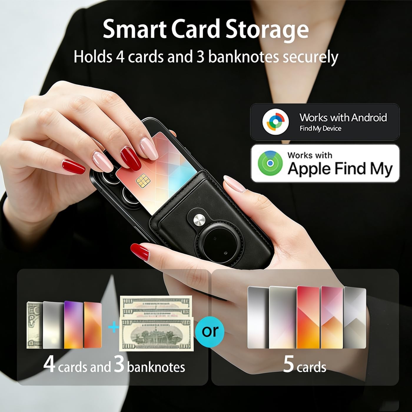 for MagSafe Wallet Work with Find My Functionality iOS and Android Black