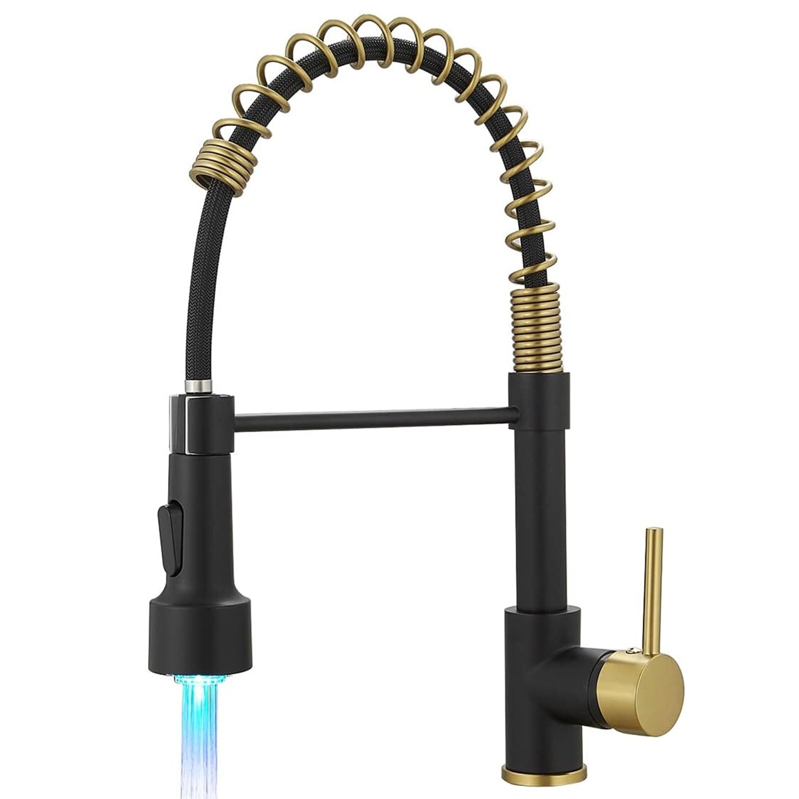 LED Kitchen Faucet with Pull Down Sprayer Black&Gold Spring Sink Faucet 1 Handle