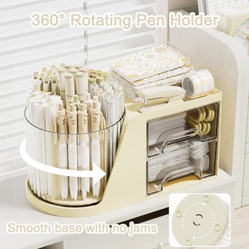 Rotating Desk Organizer with 2 Drawer, 6 Slots Multi-Functional Pencil Beige