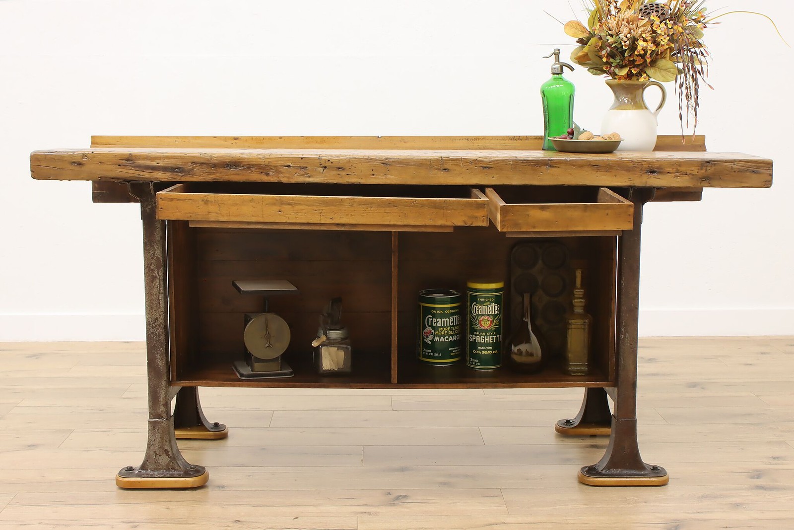 Industrial Antique Elm Workbench Wine Table Kitchen Island #55902