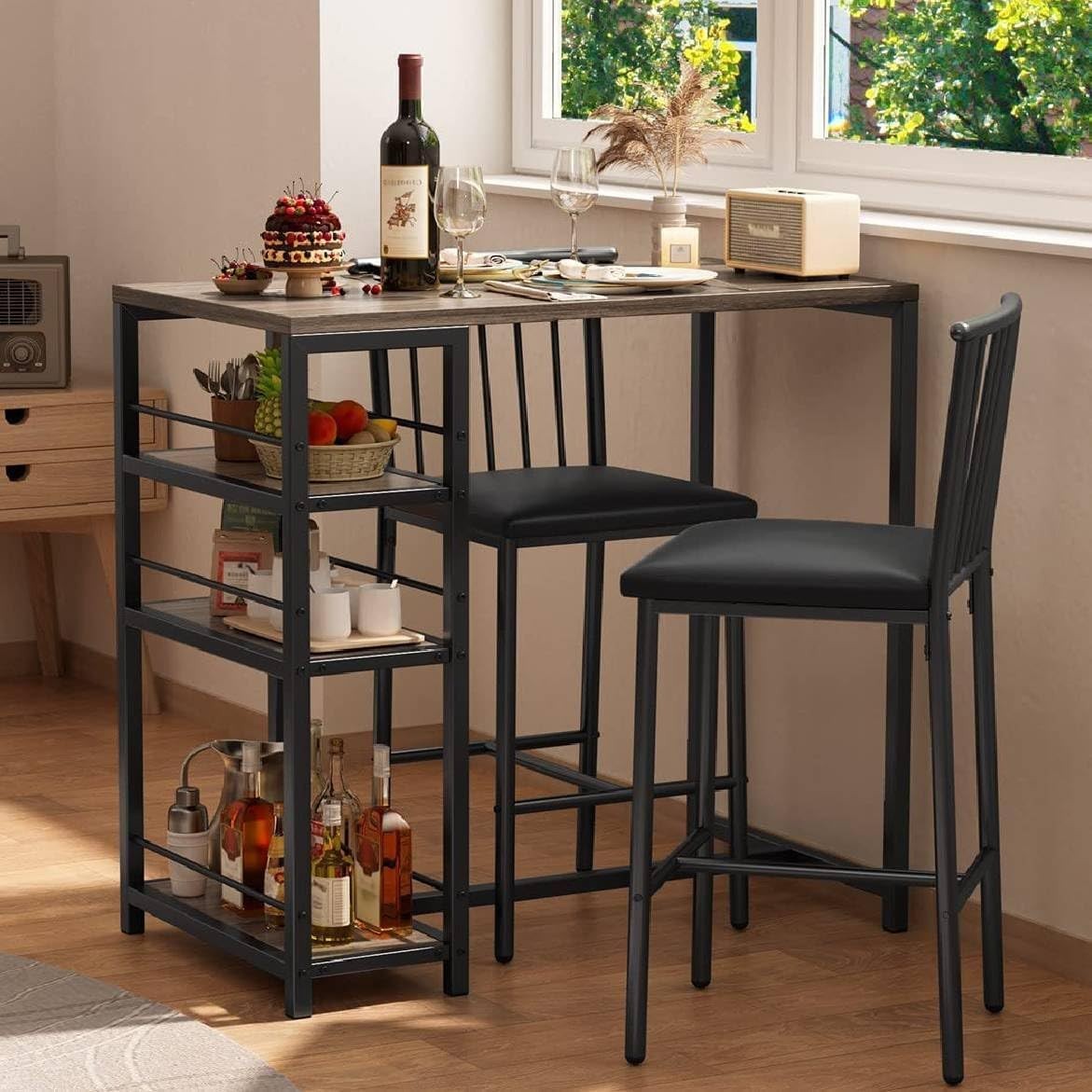 3-Piece Bar Dining Table Set 2 Kitchen Table w/Shelves Grey Space-saving grey