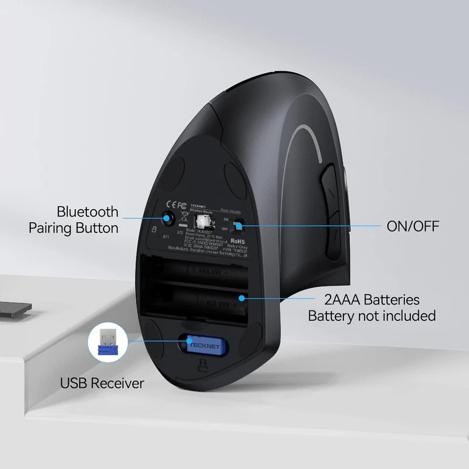 TECKNET Ergonomic, Wireless Bluetooth Vertical Mouse, 4800 DPI Optical Tracking