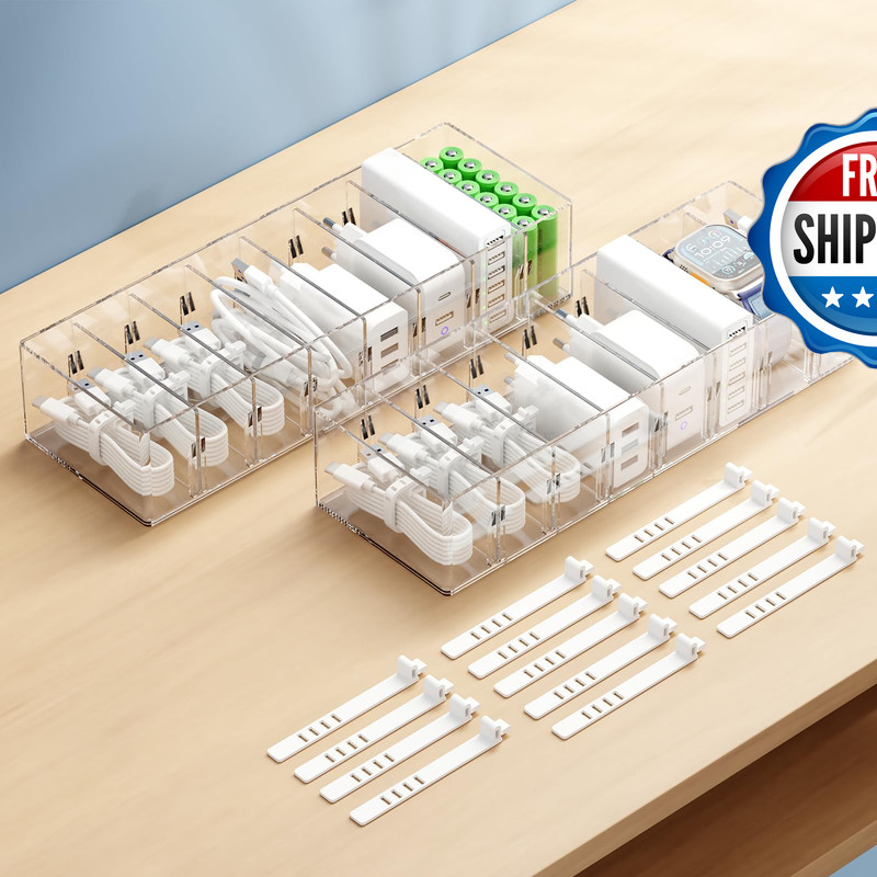 Fretonba 2 Pack Cable Storage Organizer 8 Compartments And 14 Wire Ties