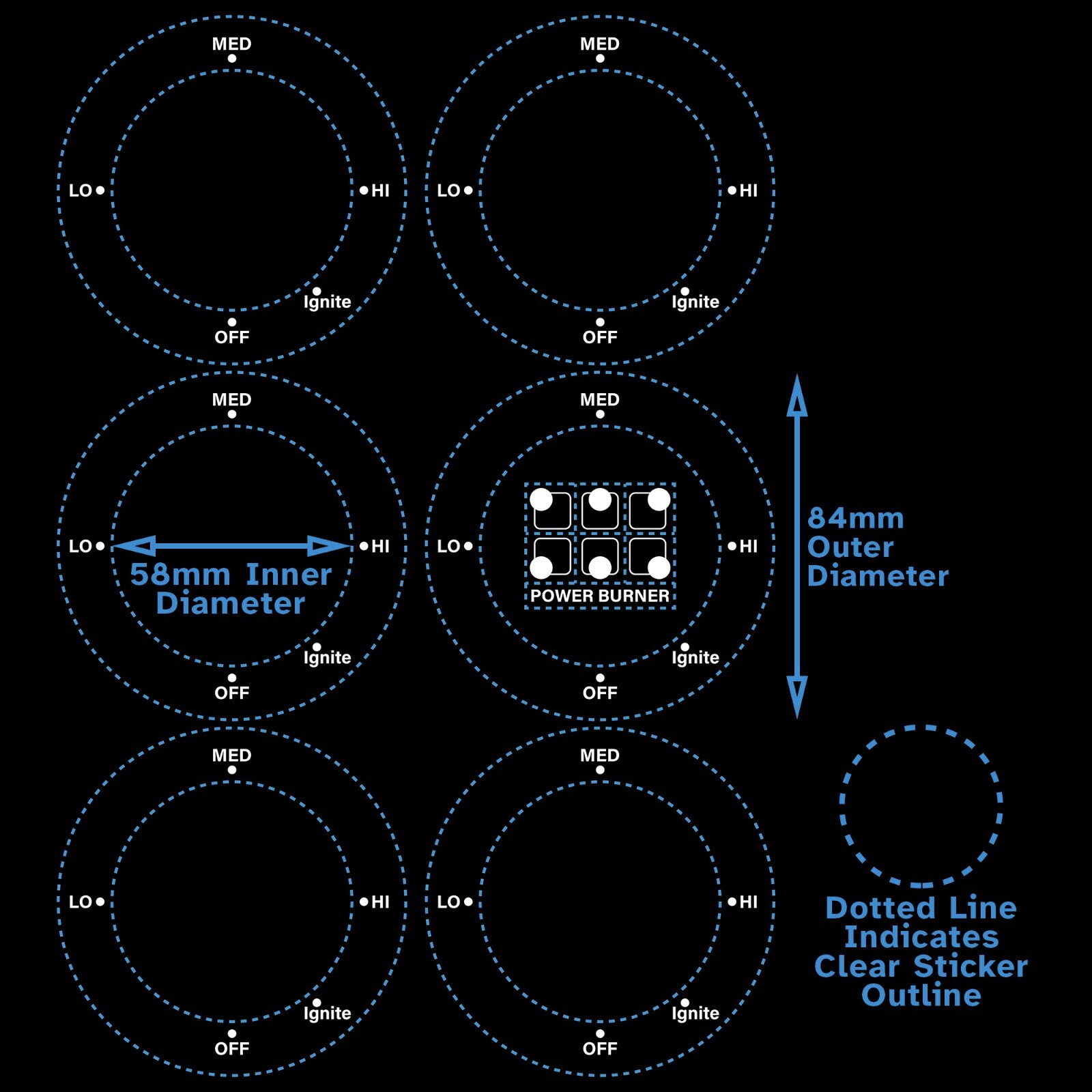 White 6x Large Dials IGNITE HI MED LO AC/CCW 58mm 2.3" Hob Cooktop Sticker Label