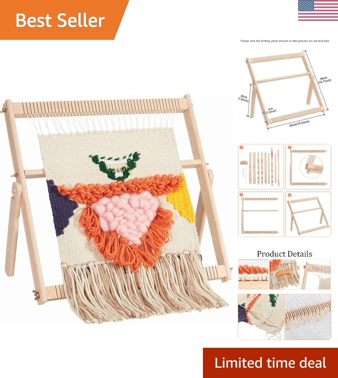 Weaving Loom, 16.5" L x 15.7" W Wooden Loom Kit,Tapestry Loom for Creative DI...