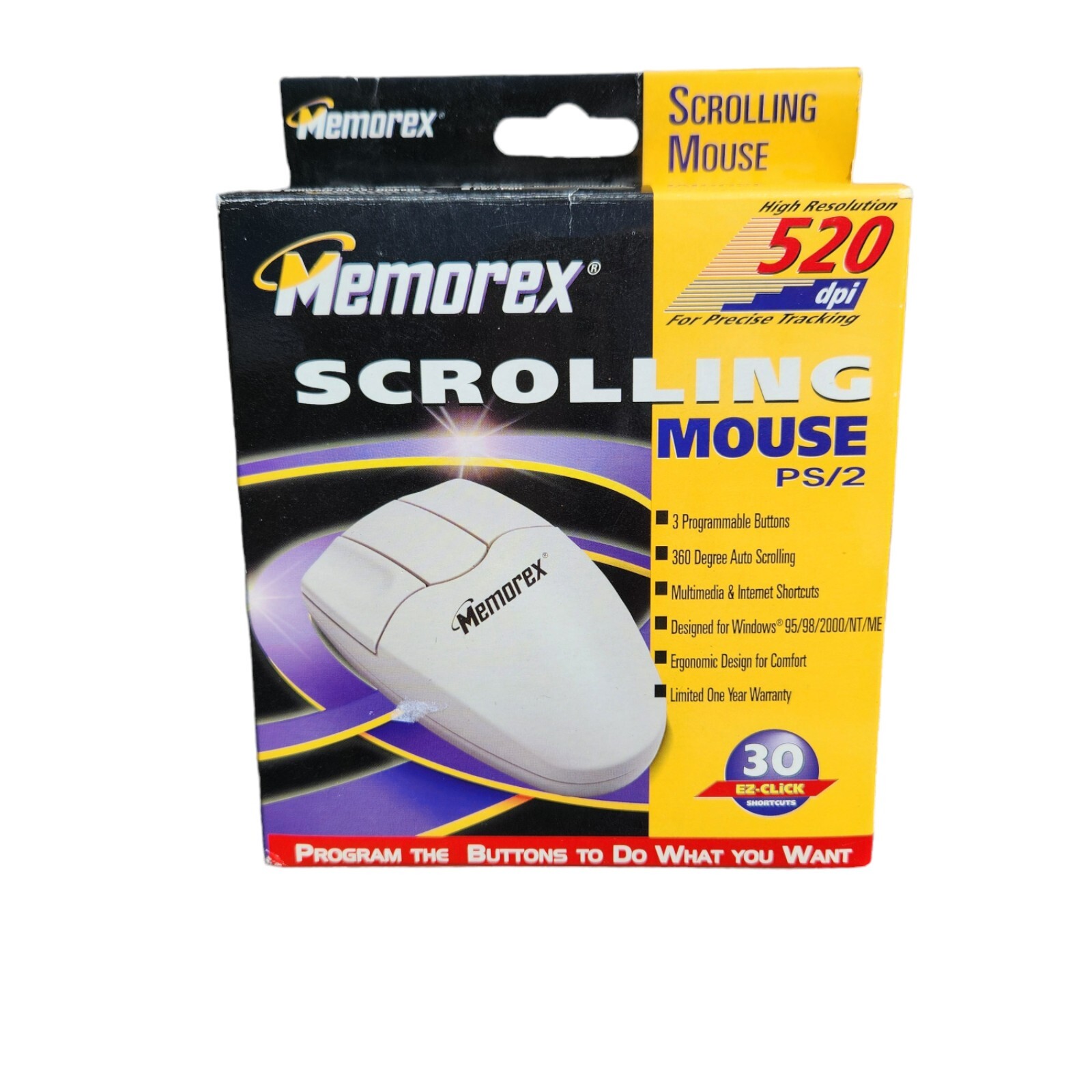 NEW IN BOX "VINTAGE" MEMOREX SCROLLING MOUSE- PS/2 W/3 PROGRAMMABLE BUTTONS