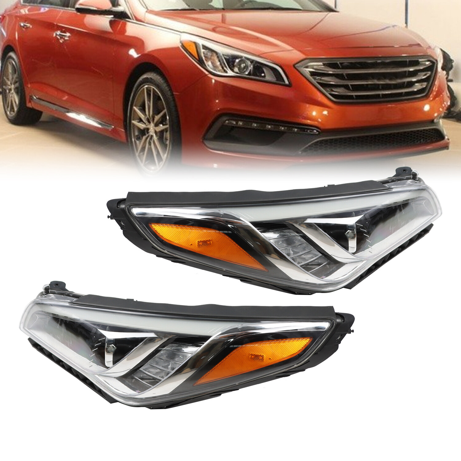Fit For 2015 2016 2017 Hyundai Sonata Chrome Halogen Headlight Headlamp Pair