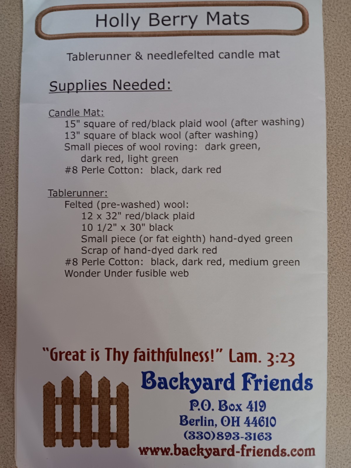Backyard Friends Holly Berry Mats Pattern #400 Wool Applique Table Runner Candle
