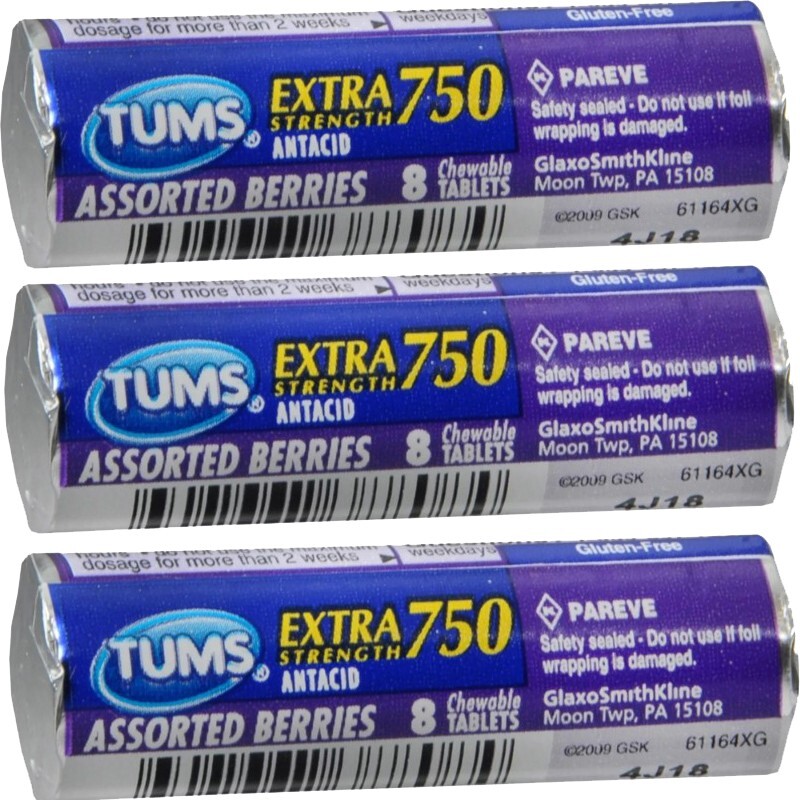 3 Rolls Tums Extra Strength 750 Assorted Berries Antacid Tablets (8 per roll)