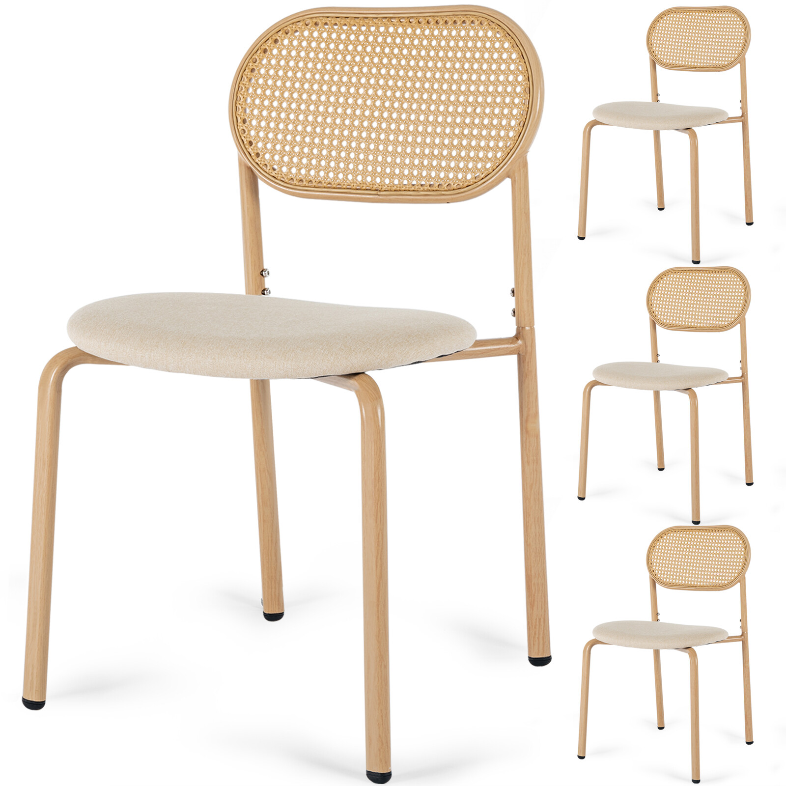Boho Set of 4 Dining Chairs Upholstered w/Rattan Back,Metal Leg Kitchen Living