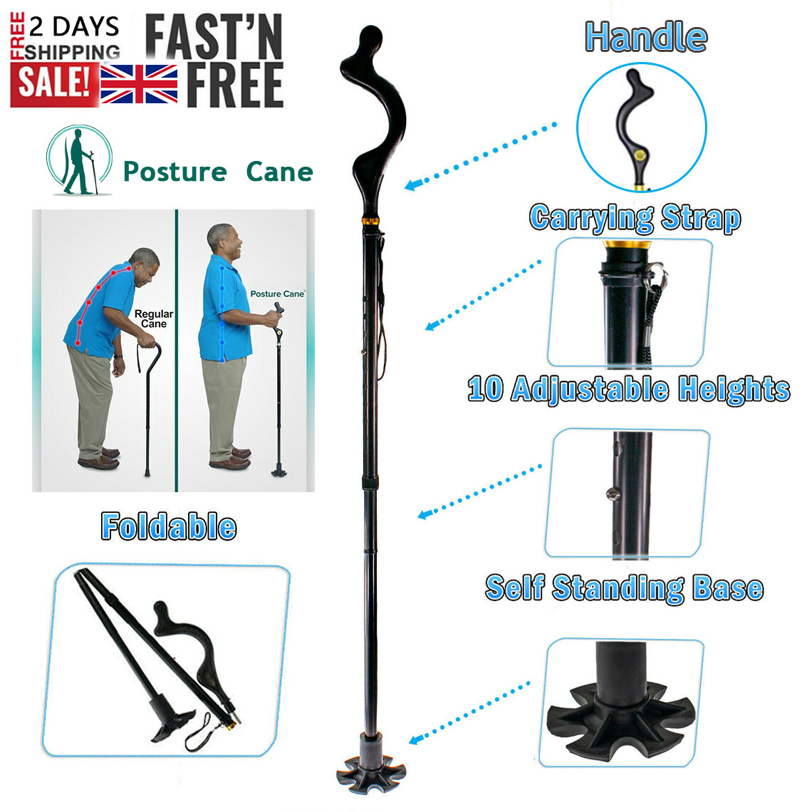 Straight Posture Cane Adjustable Height Walking Stick Folding Trekking Pole US