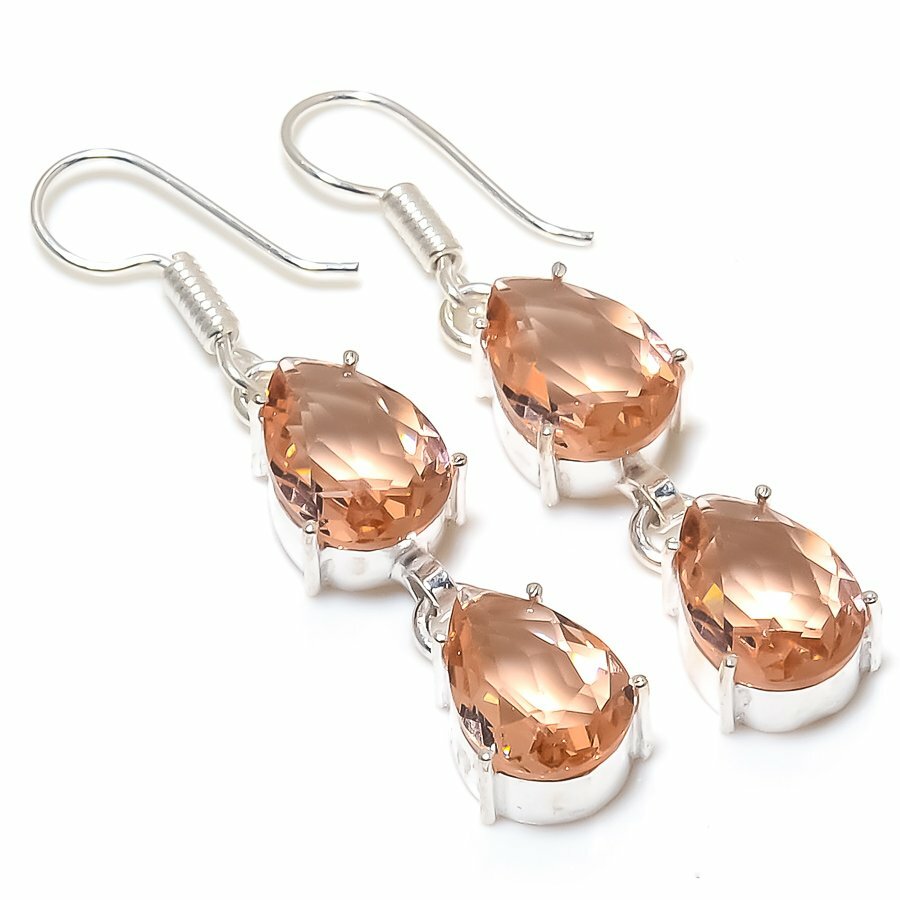 Peach Morganite Gemstone Handmade 925 Sterling Silver Jewelry Earring Size 2"