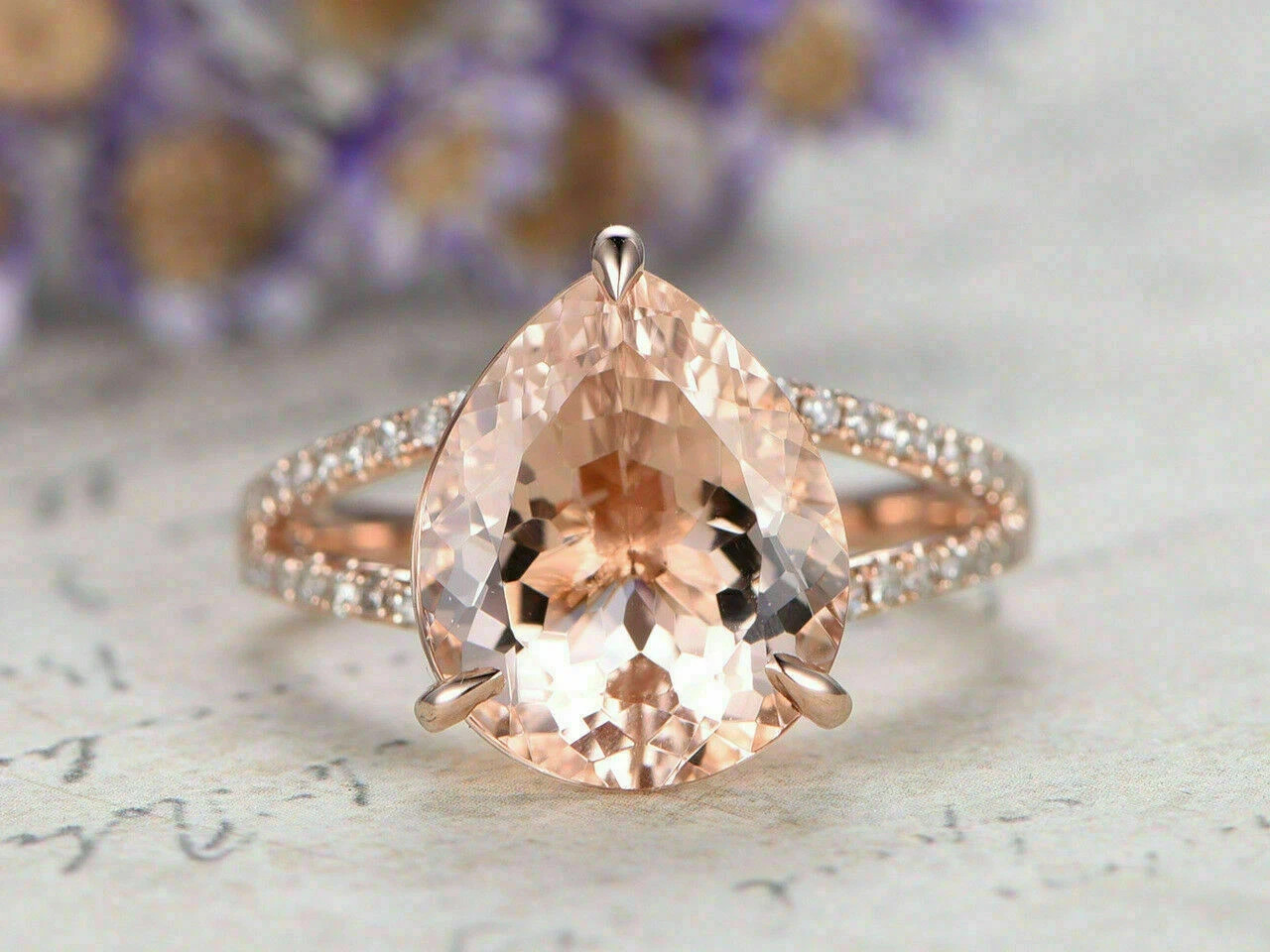 3.50Ct Pear Cut Morganite Diamond Solitaire Engagement Ring 14K Rose Gold Finish
