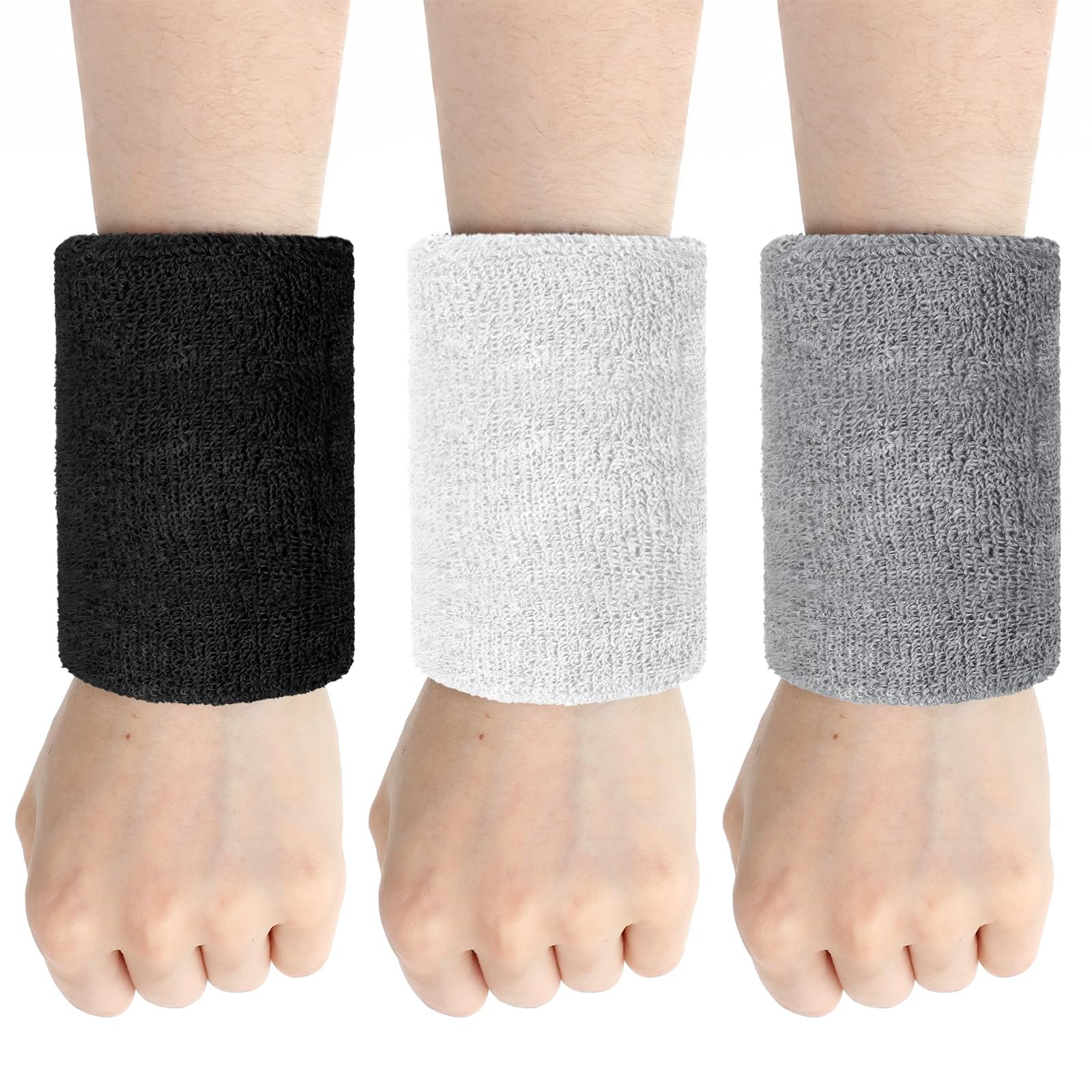 6 Pack Cotton Elastic Wrist Sweatbands for Men Women 4.2 inches x 3.34", Grey