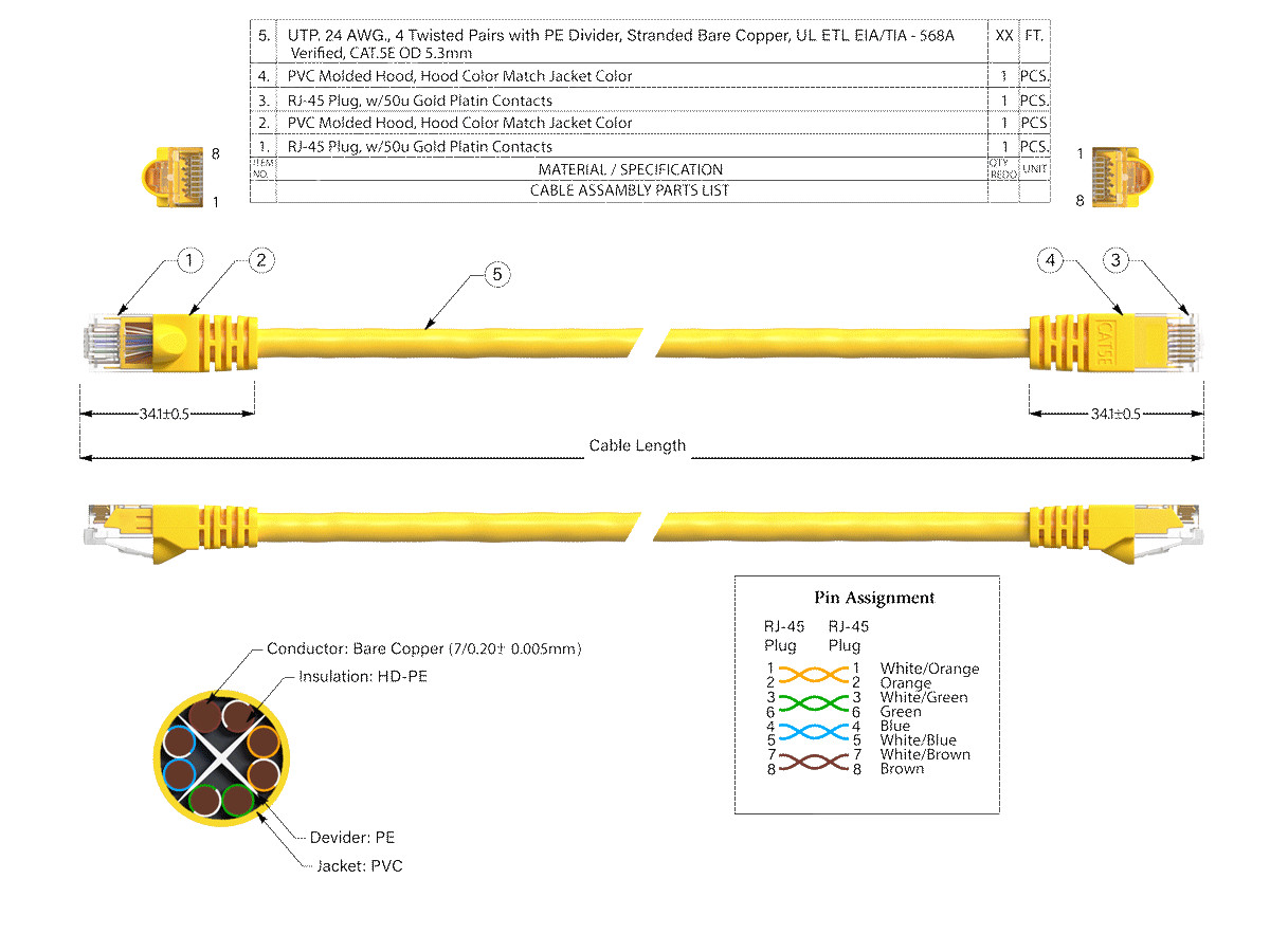 3ft Cat5e UTP Ethernet Network Patch Cable Snagless 24AWG Bare Copper, Yellow