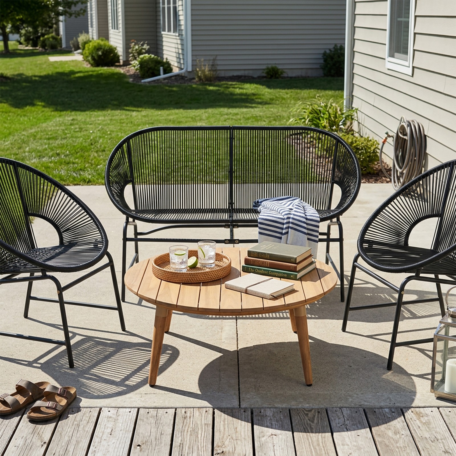 4 Piece Outdoor Patio Conversation Set Black PE Rattan Acacia Wood Table