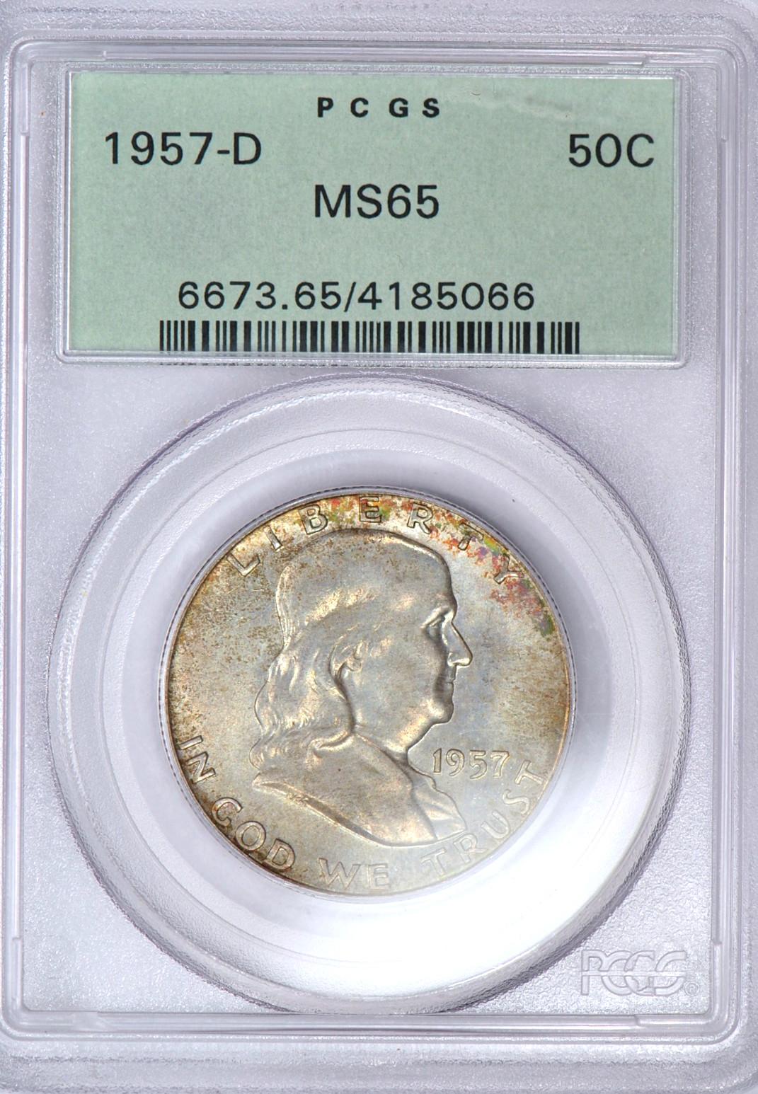 1957 D Toned Franklin Half Dollar PCGS OGH MS 65 See Video Old Holder Toning 50C