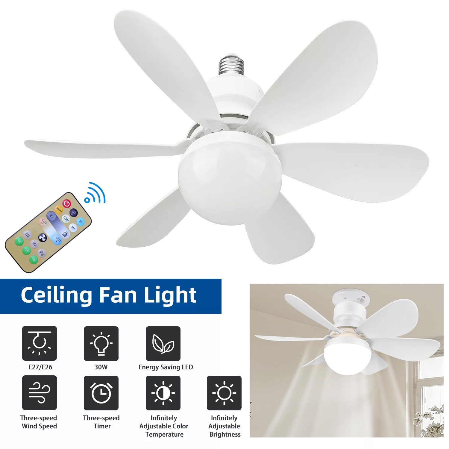 Large Ceiling Fan E27 Socket Fan 30W with Dimmable LED Light Remote Controller
