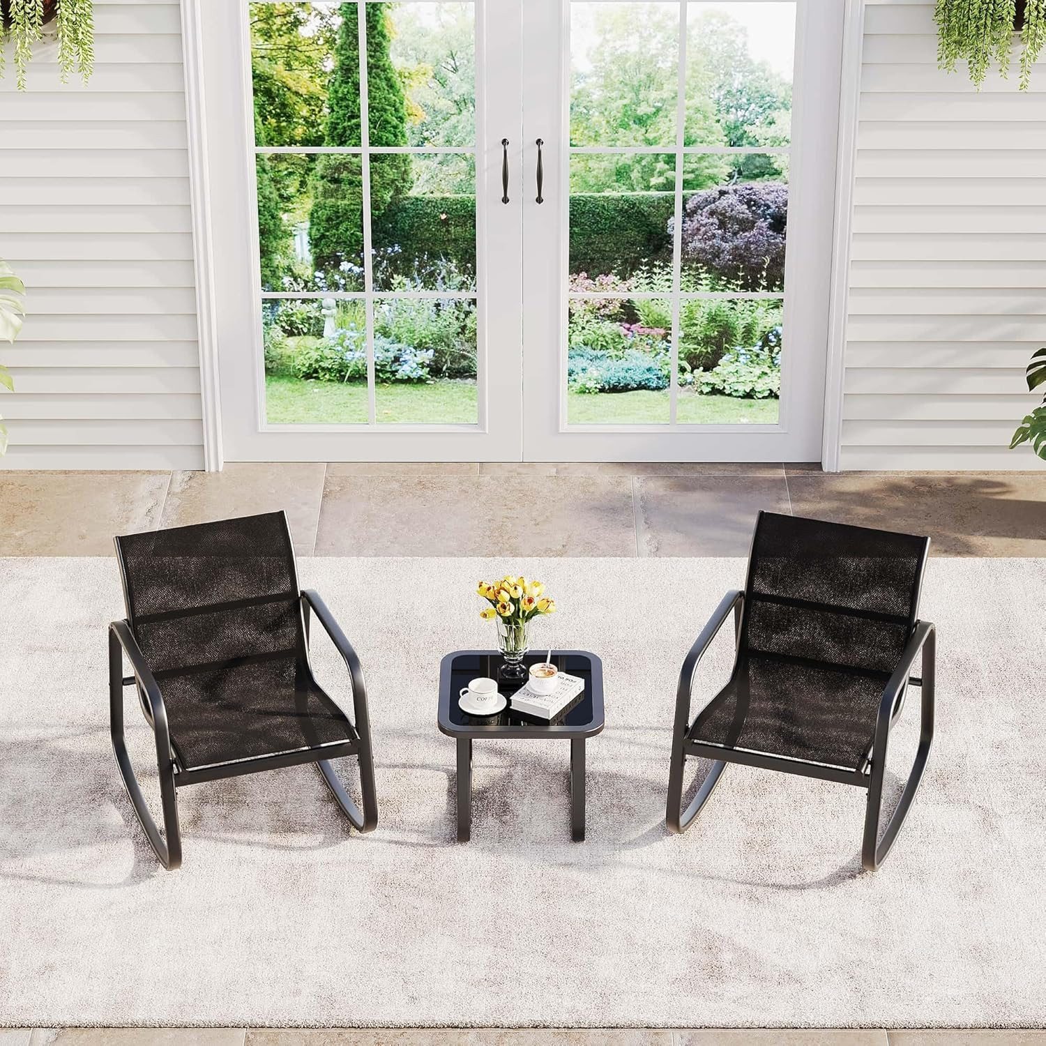 3 Piece Outdoor Rocking Bistro Set, Textilene Fabric Small Patio Furniture Set w