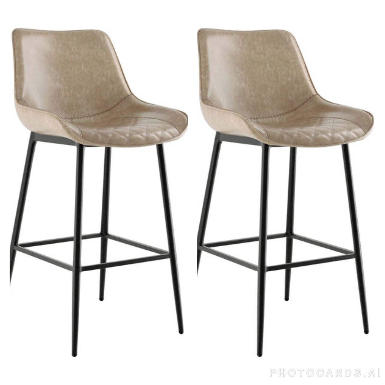 (2 PACK) Mid-Century Barstool Chair with Smokey Beige Tufted Vinyl Padded Seat