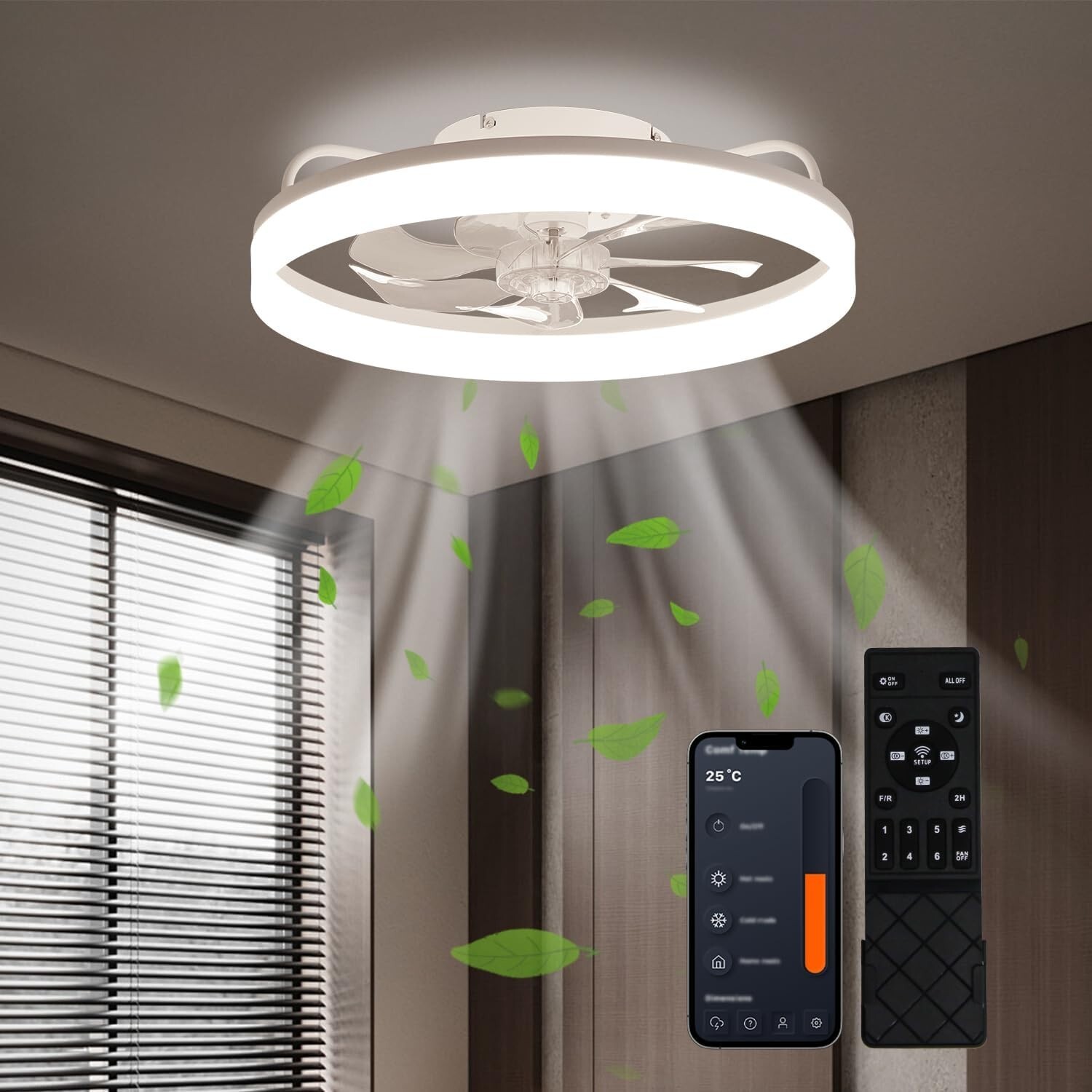 20" Modern Fan Lights Flush Mount LED Ceiling Light kit With Remote APP Control