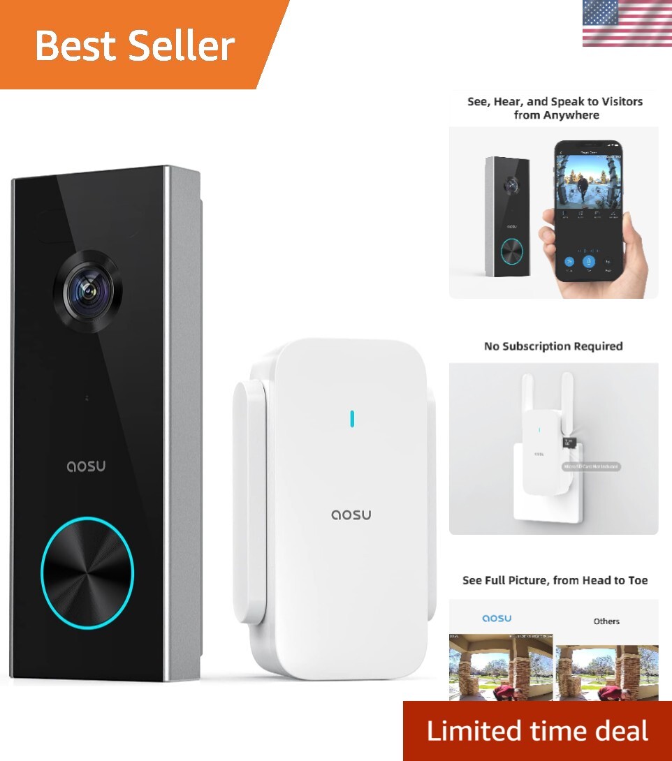 Doorbell Camera Wireless, Battery-Powered Video Doorbell with Chime, 2K Resol...