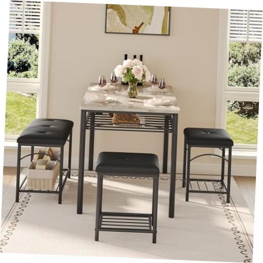 Dining Table Set for 4 with Upholstered Benches and 2 Stools, Modern Grey