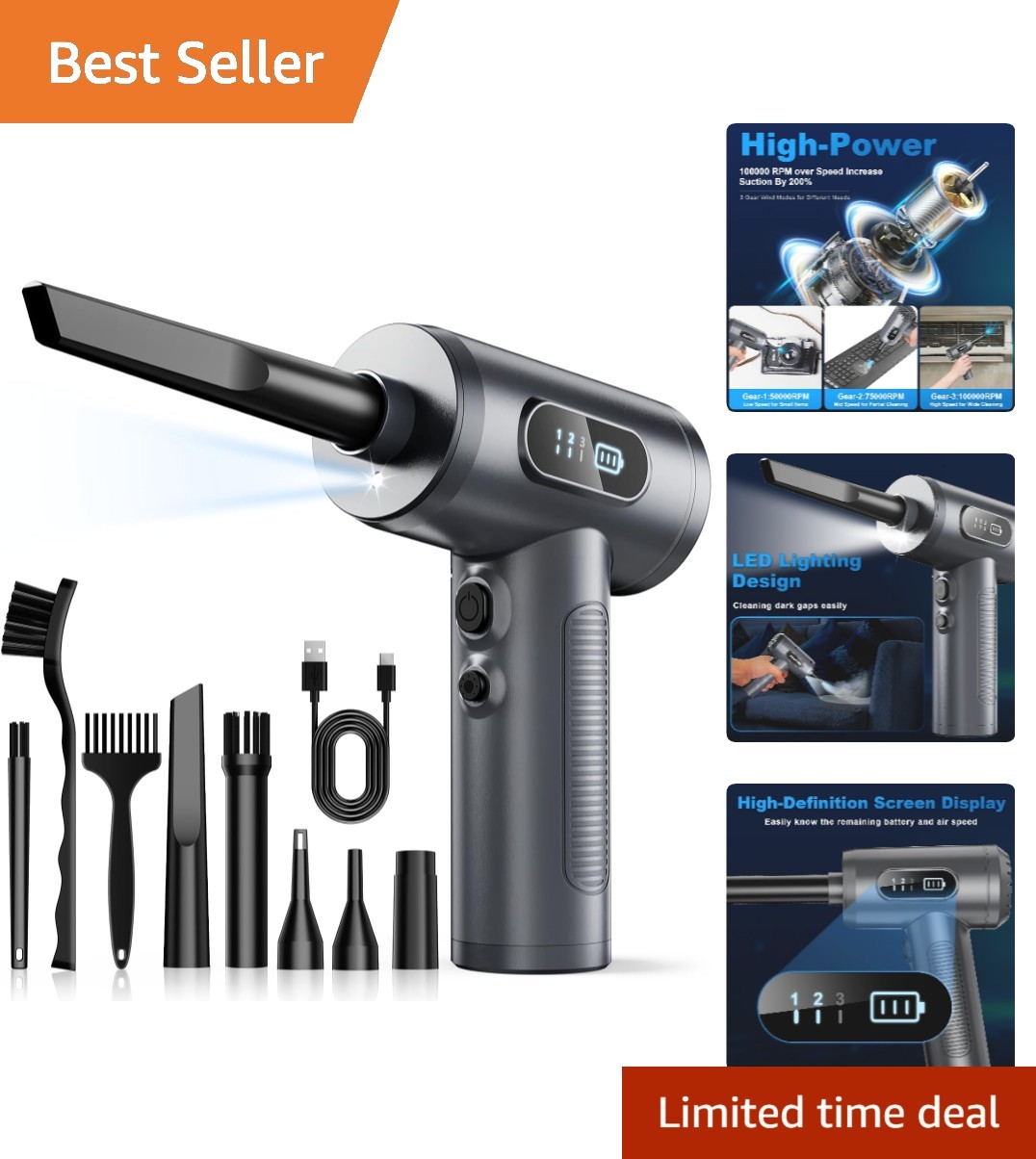 Compressed Air Duster 100000RPM Cordless Grey | 3 Speeds, Smart LED Display, ...