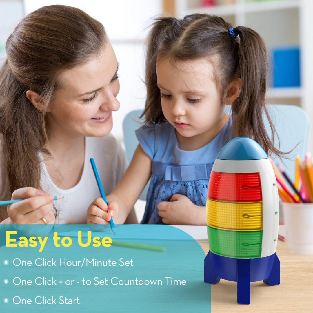 Rocket Countdown Timer for Kids – 24H Visual Alarm with Lights & Memory