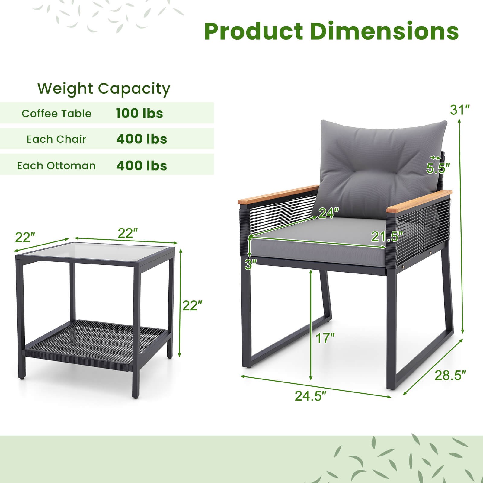 3 PCS Outdoor Conversation Set w/ 2-Layer Side Table Acacia Wood Armrests