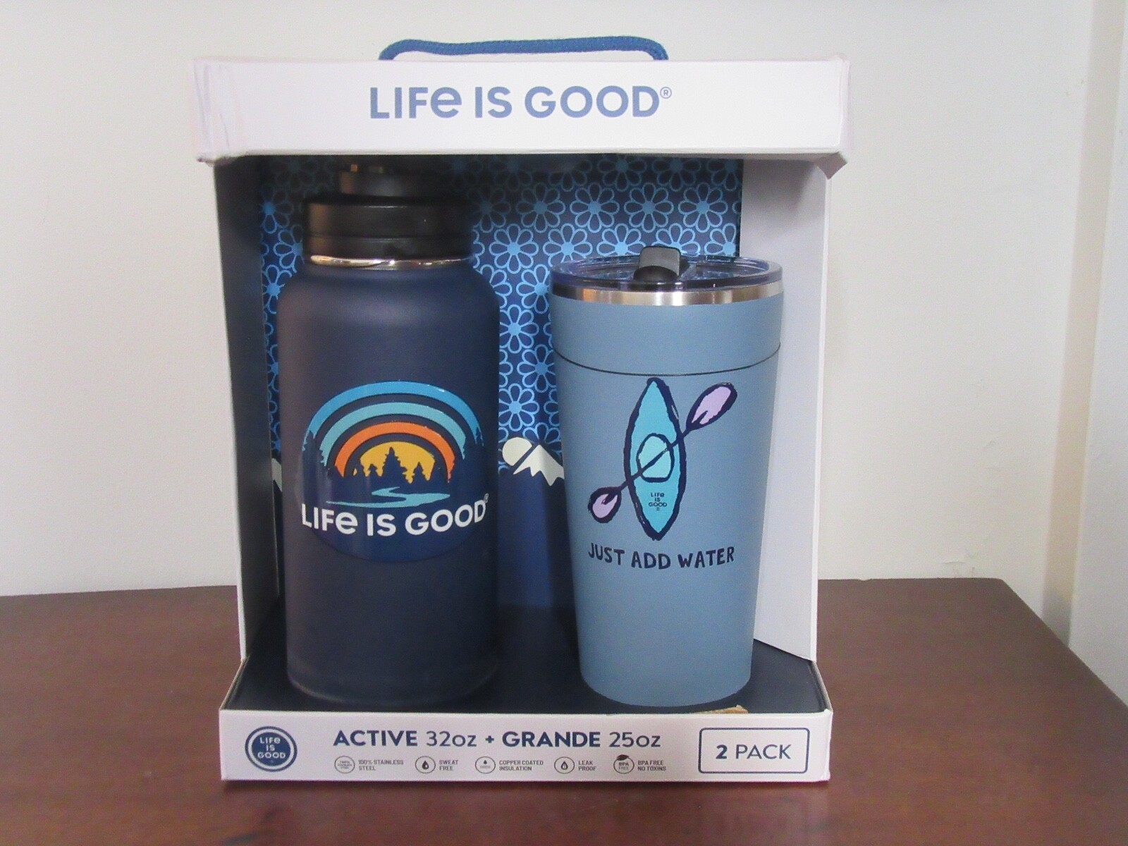 LIFE IS GOOD 32&25 OZ STAINLESS STEEL BOTTLE/TUMBLER BOXED SET...FOREST / KAYAK