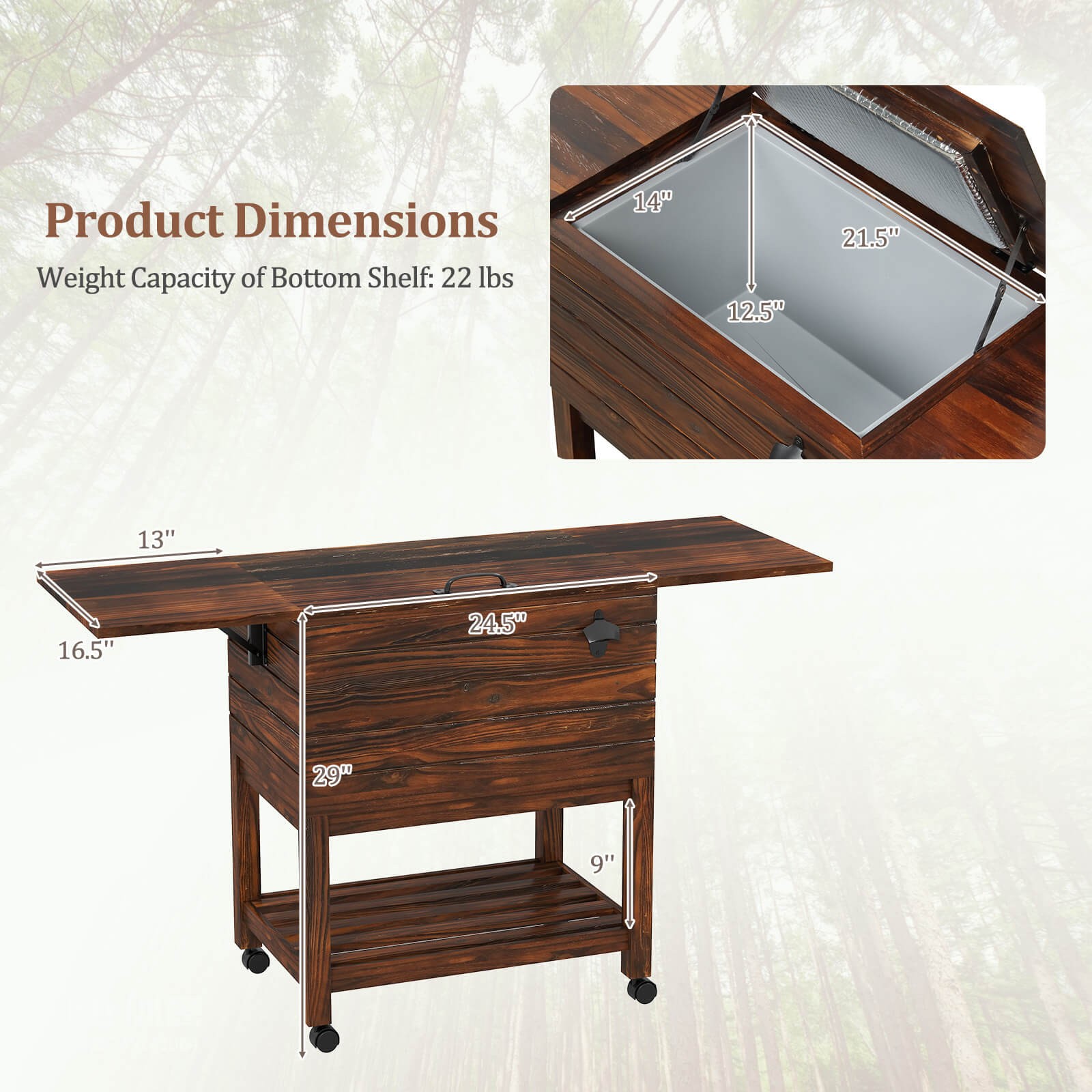 54 Quart Rolling Wooden Patio Cooler Cart with 2 Drop Leaf Tables Bottle Opener