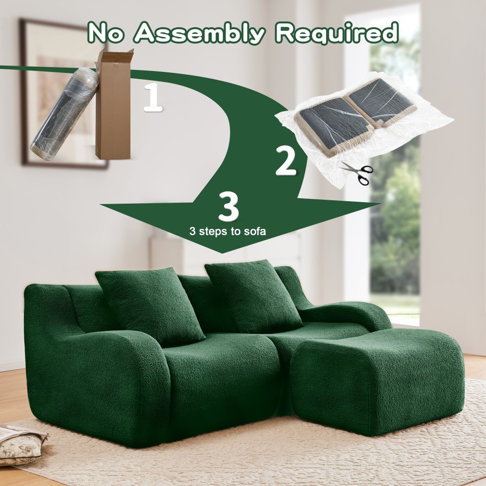 L-Shaped Teddy Fabric 2-Seat Sofa w/ Curved Armrest, Green