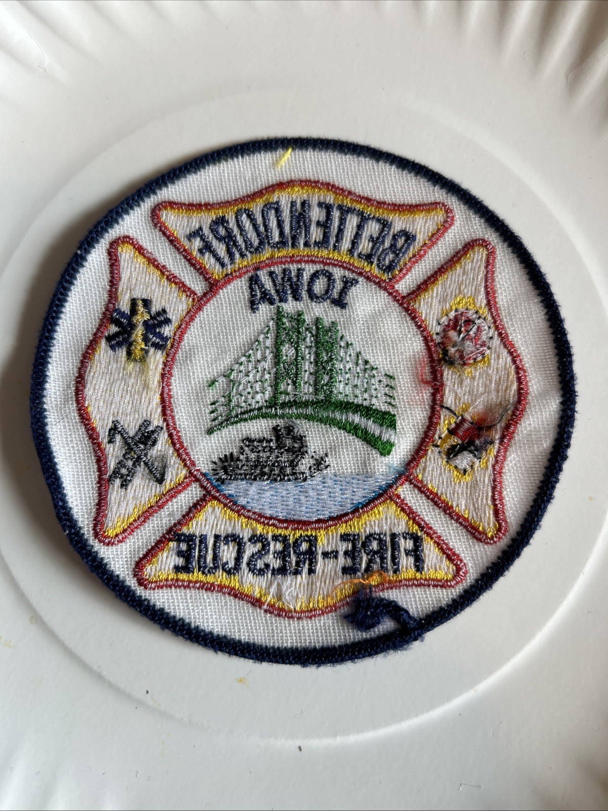 Vintage Fire Station Patch Bettendorf Iowa Bridge Boat Aid Engine Firefighter