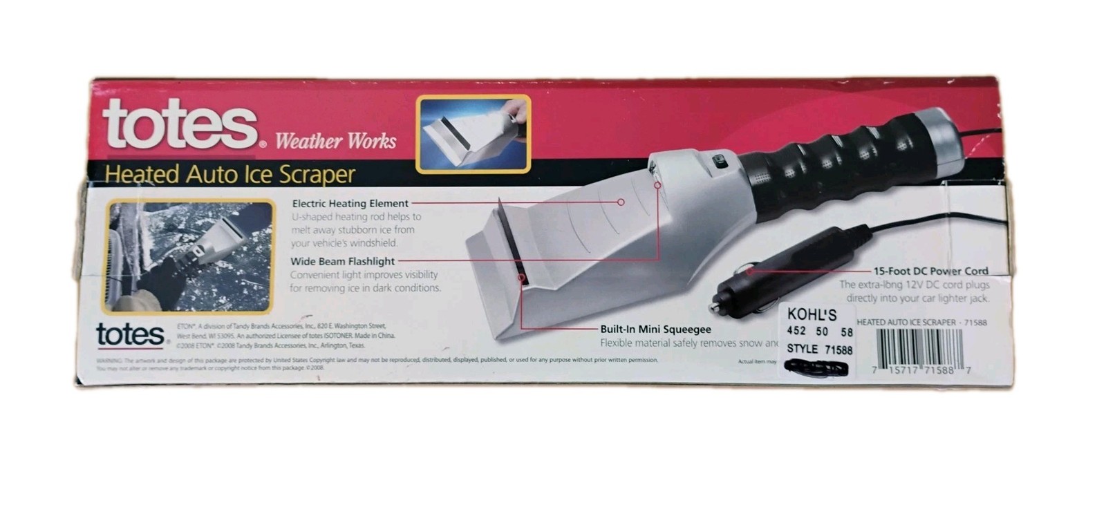 Totes Weather Works Heated Auto Ice Scraper Built-in Heating Element 15' Cord