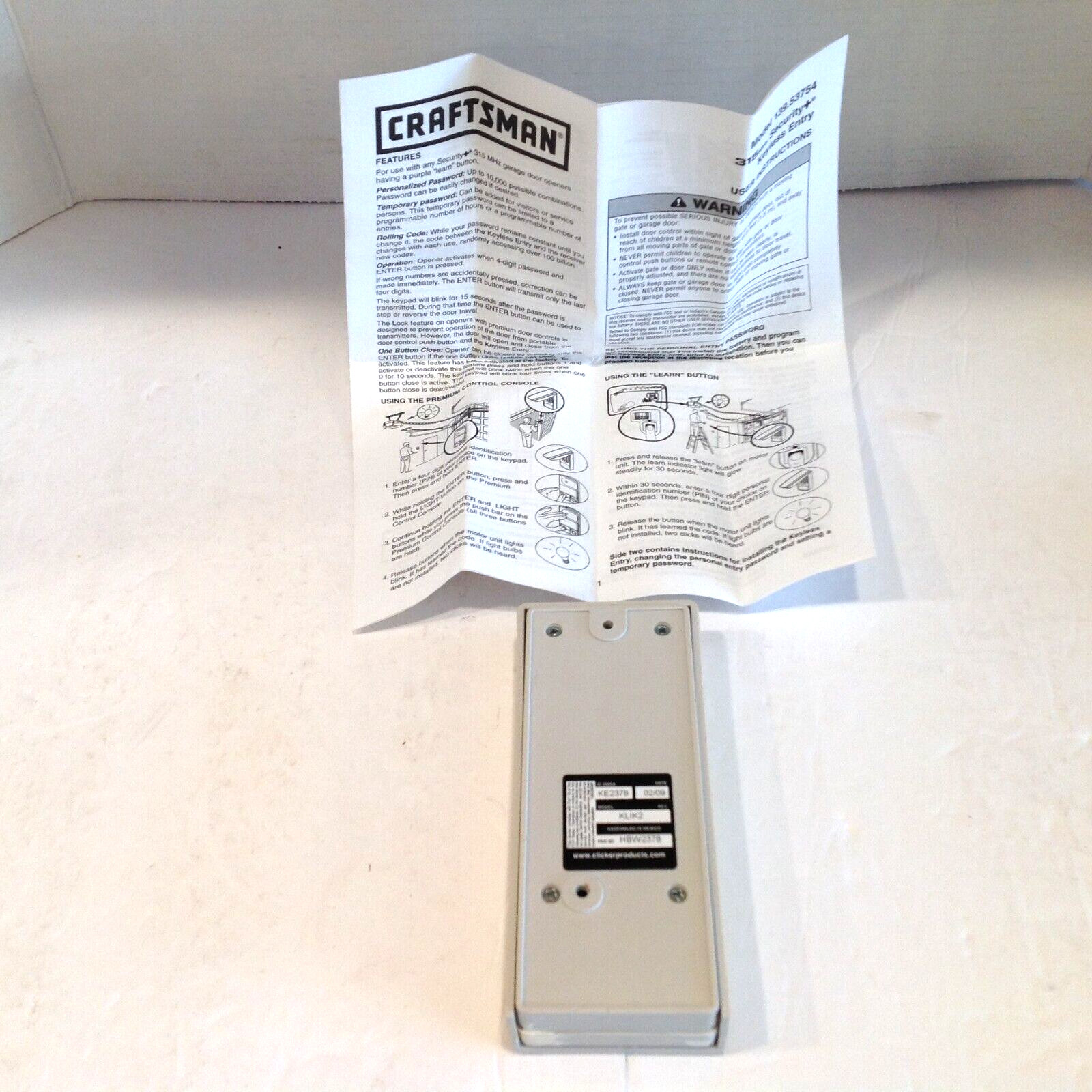 CRAFTSMAN CLICKER KEYLESS ENTRY MODEL KLIK2 139.53754 with Slide up Cover