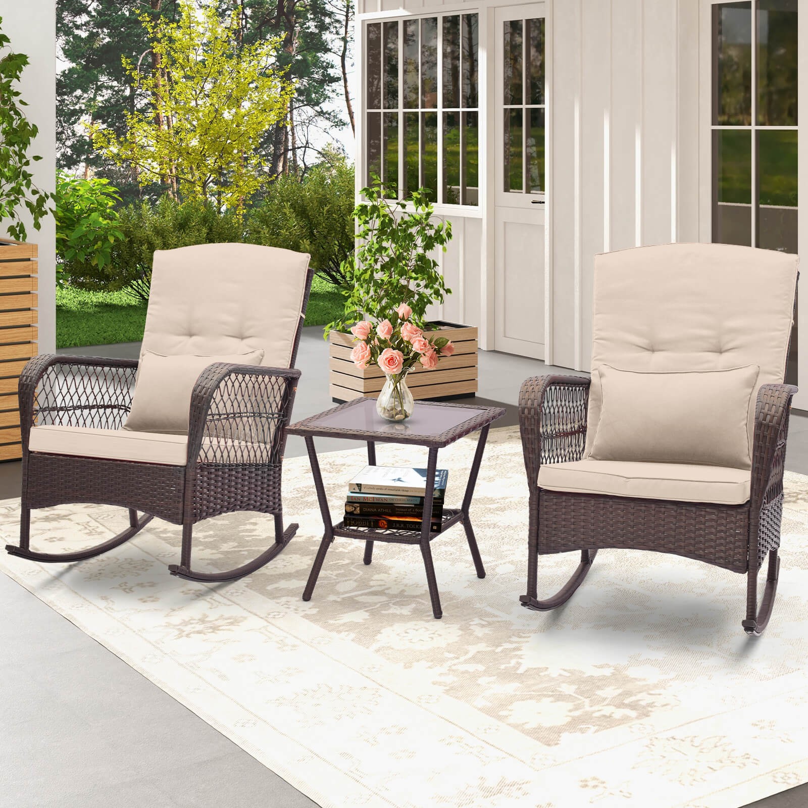 3 PCS Patio Rocker Set Outdoor Wicker Rocking Chairs w/Double-Layer Coffee Table