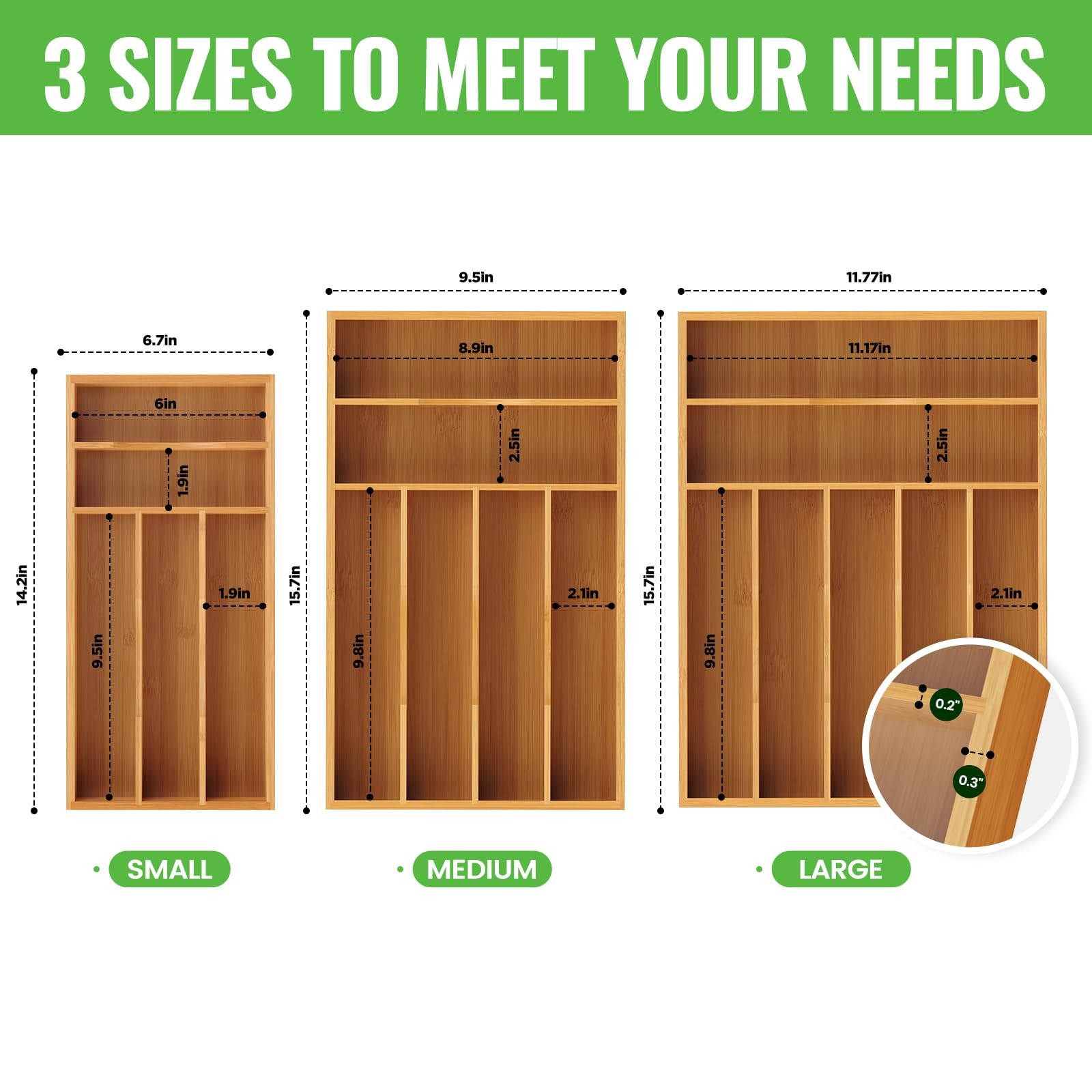 Bayting Bamboo Silverware Organizer, Kitchen Drawer Medium,